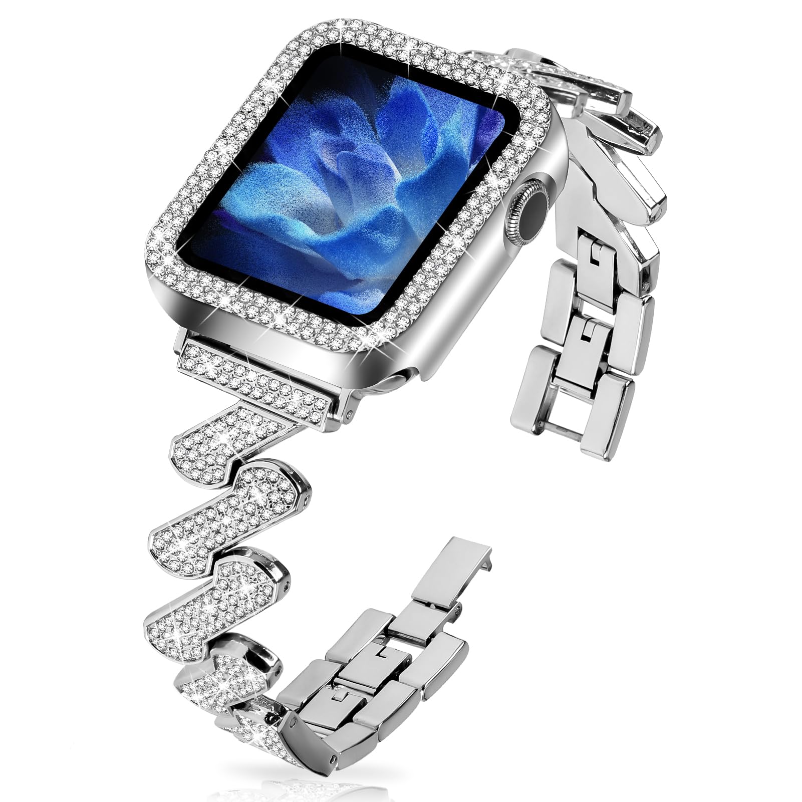 JOYOZY Bling Bands Compatible with Apple Watch Band 38mm 40mm 41mm 42mm 44mm 45mm,Women Diamond Metal Strap Bands with Glitter Case Built-in Screen Protector for iWatch Series 9/8/7/6/5/4/3/2/1/SE