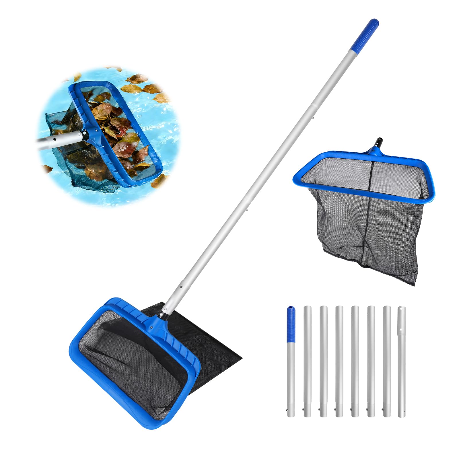 Épuisette de Fond pour Piscine, Filet de Nettoyage avec Manche réglable 2,8m Filet pour Piscine, épuisette pour étang, Spa - Type C (Cadre Bleu Plastique - Filet Noir Grossier Profond)