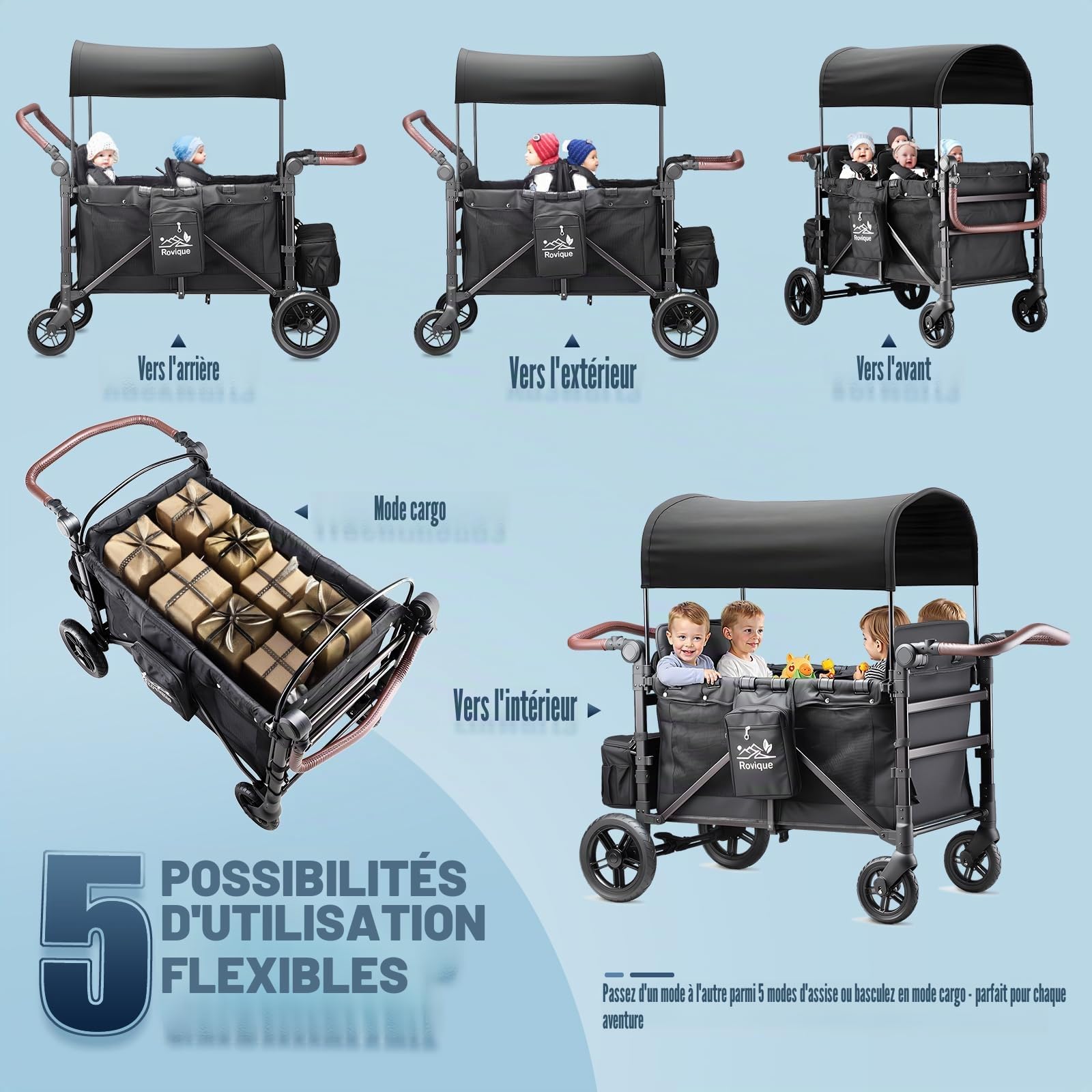 Chariot pliable avec toit pour 4 enfants, avec toit, plateau amovible, harnais à 5 points, poignée réglable, siège haut et grand espace de rangement, noir
