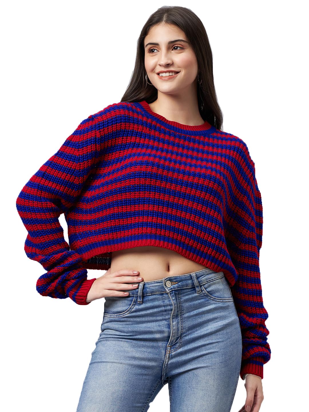club york Women’s Striped Cropped Sweater | Round Neck Full Sleeve Winter Pullover_CYCW654_M Red-picture-15