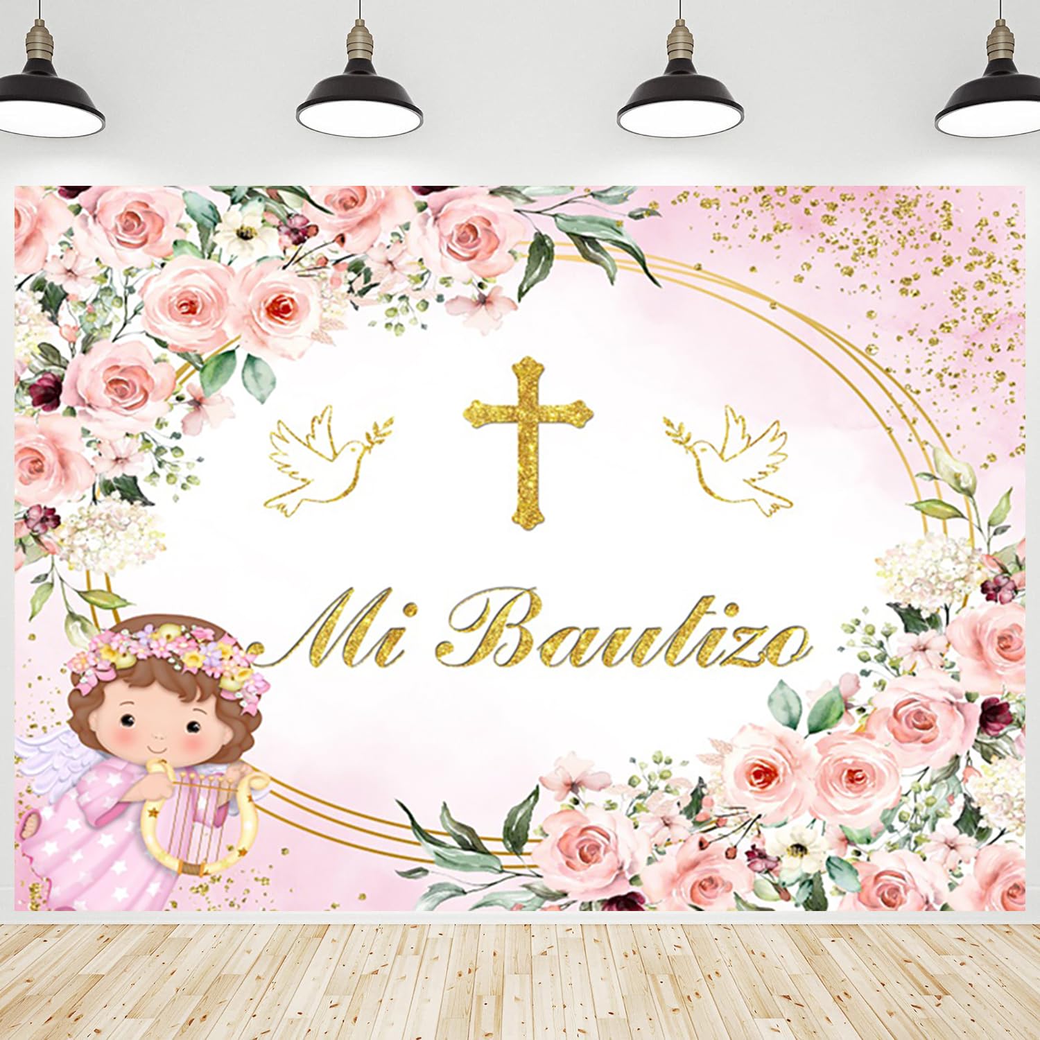 CRTPOD Mi Bautizo Backdrop Pink Floral Gold Polka Dots Angel Background Newborn Photography Banner for Girls Baby Shower First Holy Communion Party