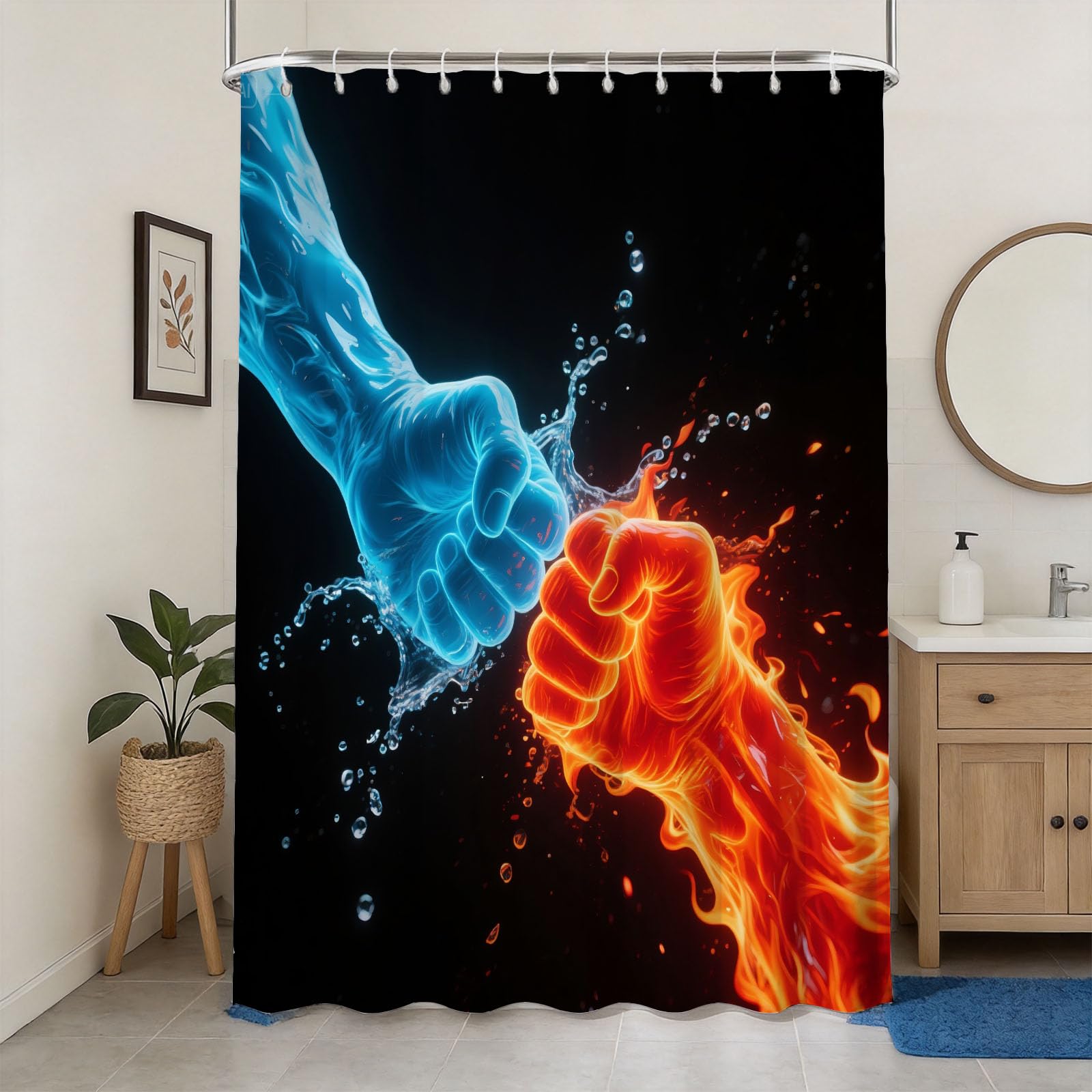 Hongduo 3D Fire Water Fist Shower Curtain for Stalls Bathtubs Dynamic Effects Bathroom Decor Shower Curtain Set Polyester Fabric Waterproof 180x180cm/71X71 Inch with Hooks