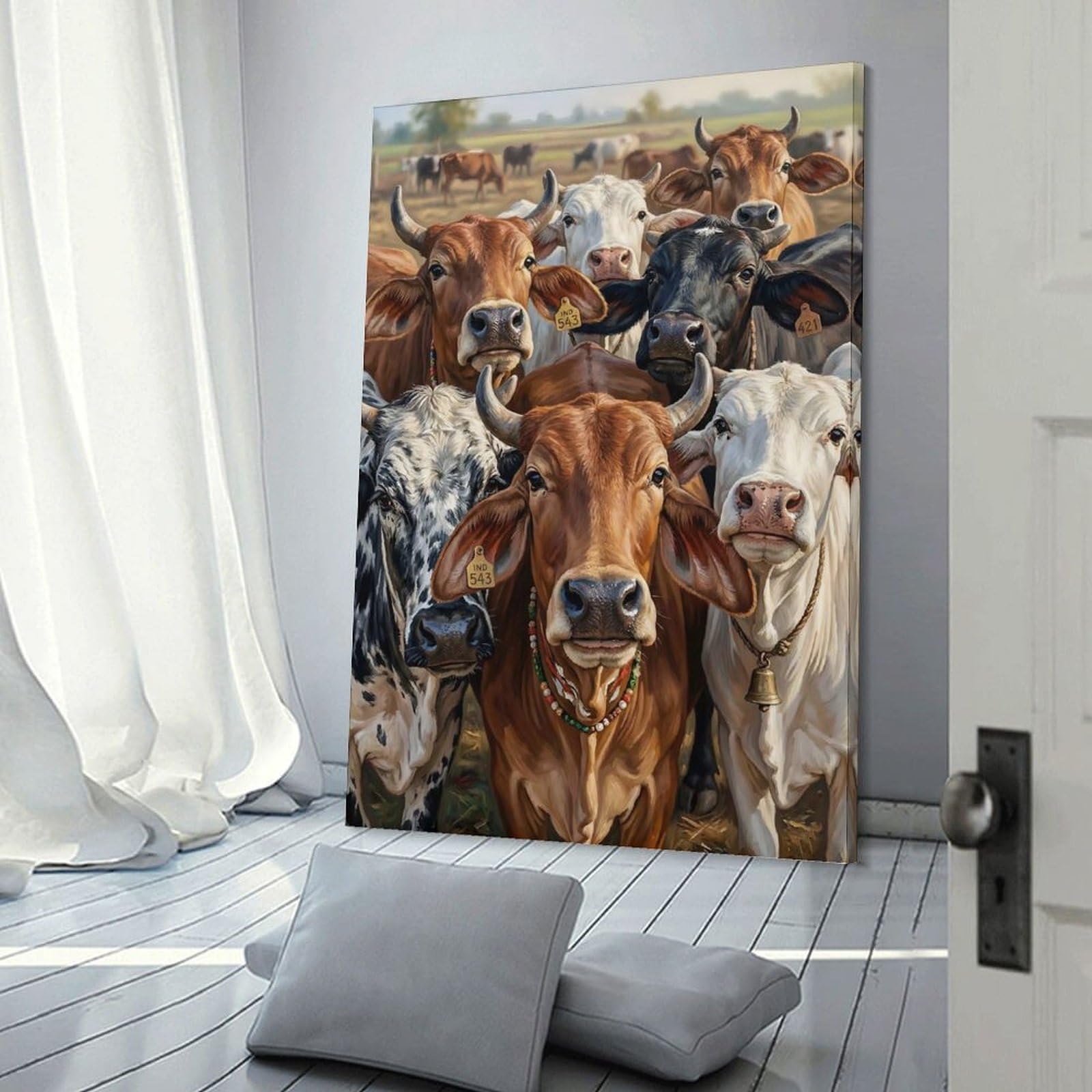 Junmoney Herd of Zebu Cows in A Field Wall Art Print, 08x12inch(20x30cm), for Entryway, Lounge Links Or Small Walls, Decorative Wall Art for Narrow Spaces
