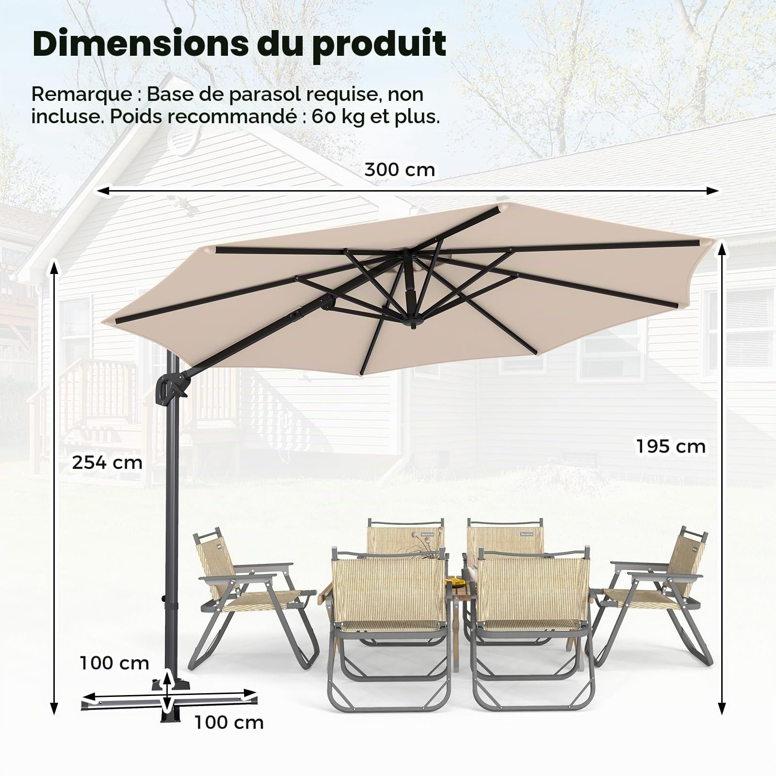 RELAX4LIFE Parasol Déporté Rond Φ3M, Parasol de Jardin (Beige)