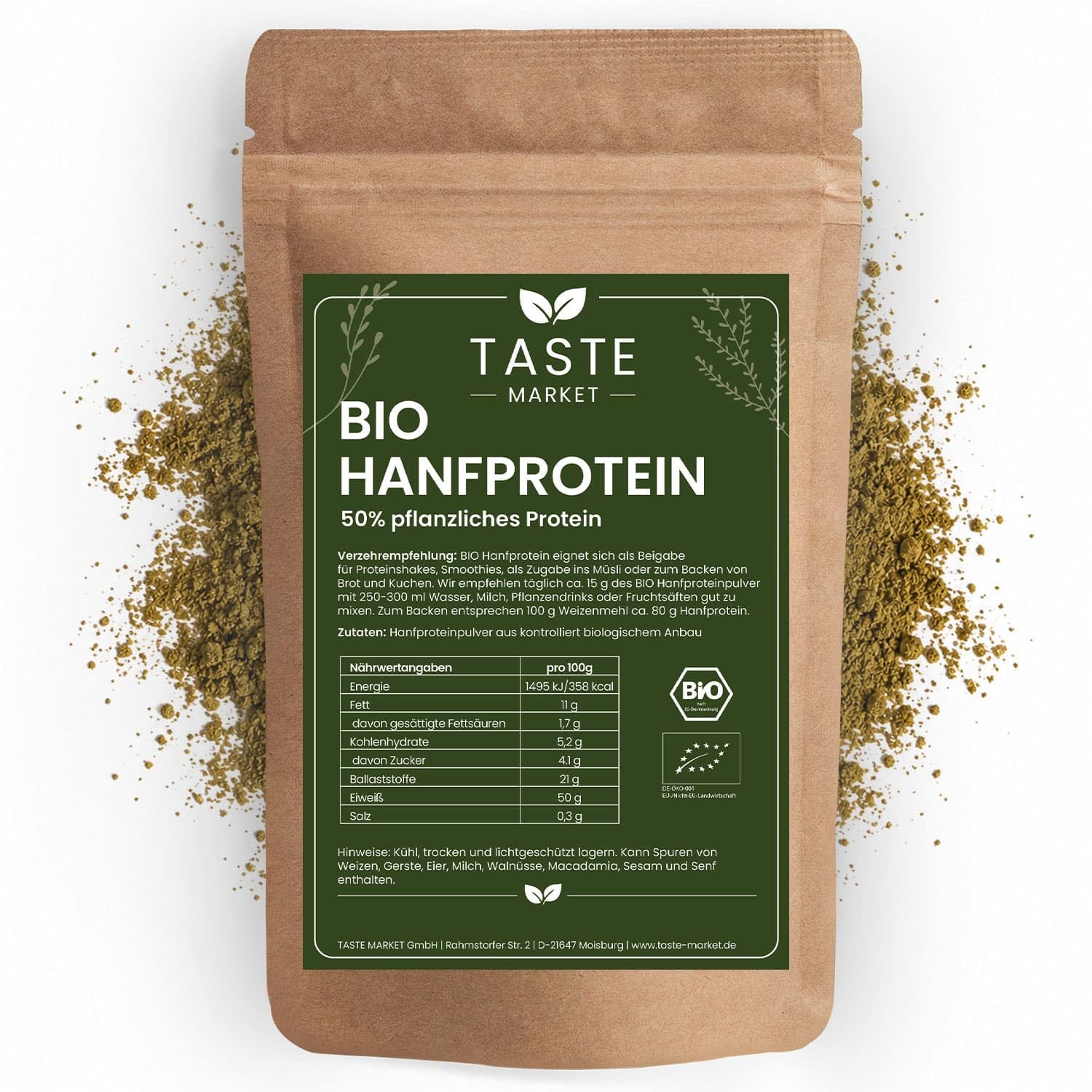 2 kg BIO Hanfprotein Pulver | veganes Proteinpulver | 50% pflanzliches Eiweiß | ohne Zusätze | Glutenfrei | Taste Market