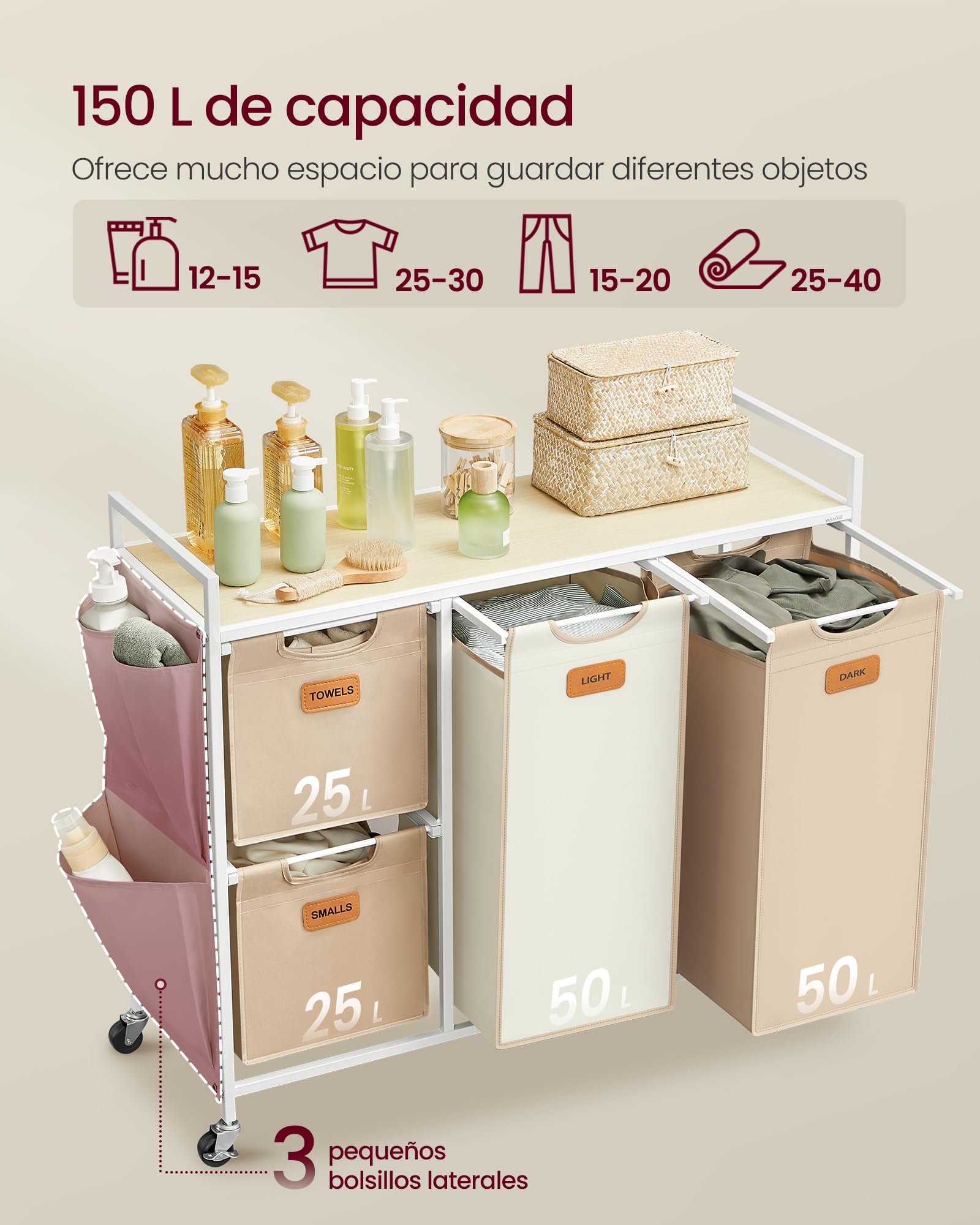 VASAGLE Cesto para Ropa Sucia, 4 Compartimentos, Cesta Ropa Sucia 150 L, con Estante Ruedas, Bolsa Colada, con Bolsillos Extraíbles, 6 Etiquetas, Beige Natural, Marrón Camello y Blanco Crema BLH203N01