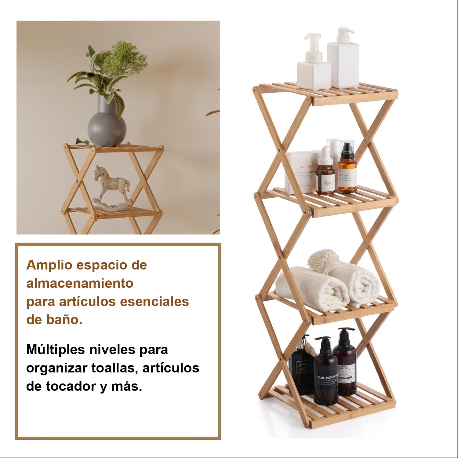 Ichigo Ichie Estantería Plegable de Bambú de 4 Niveles, Estante de Almacenamiento Multifuncional para Hogar y Baño, Ideal para Toallas, Cosméticos, Perfumes y Plantas, 29.8x28x91cm