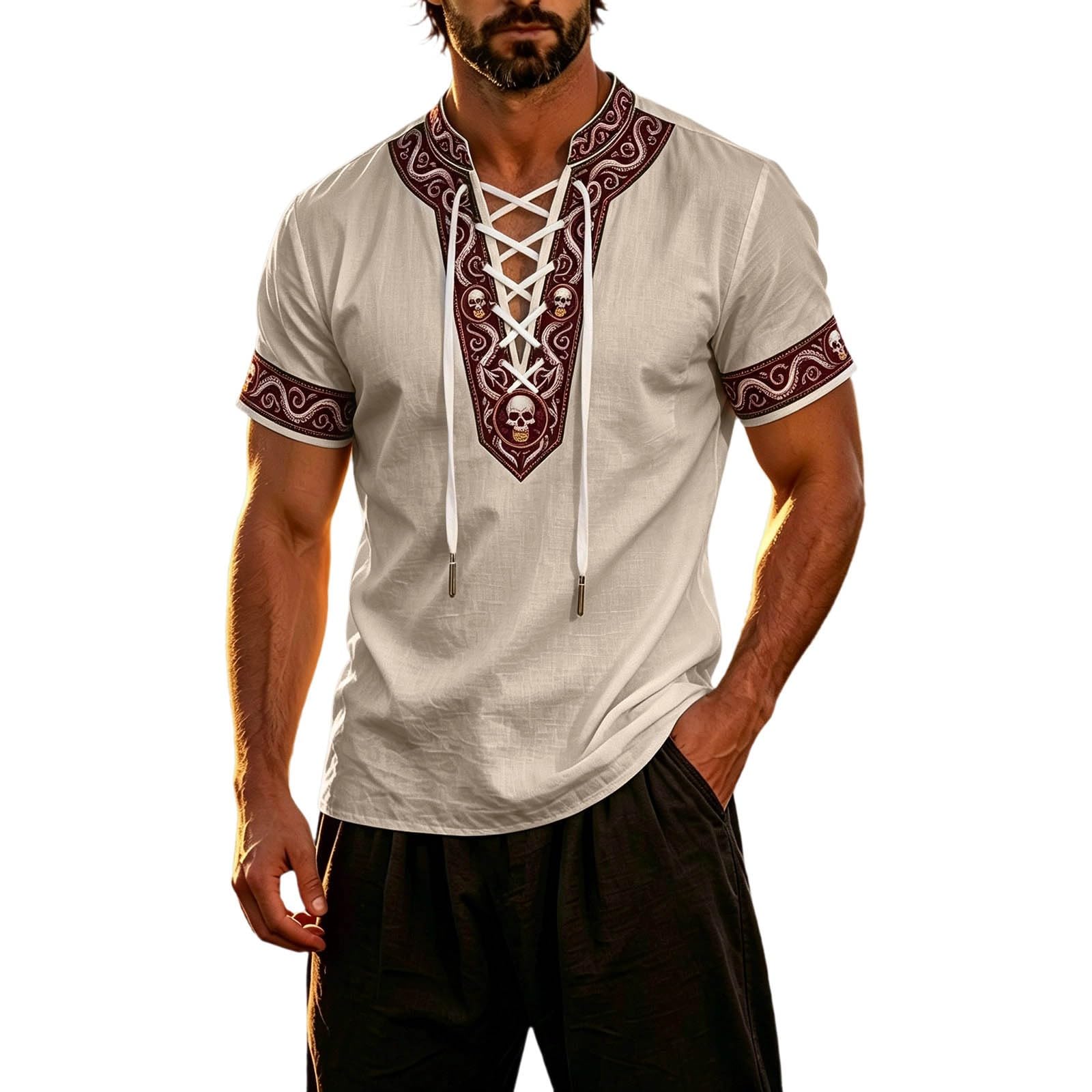 Summer Shirts for Men Short Sleeve Medieval Pirate Scottish Ghillie Shirt — image 1