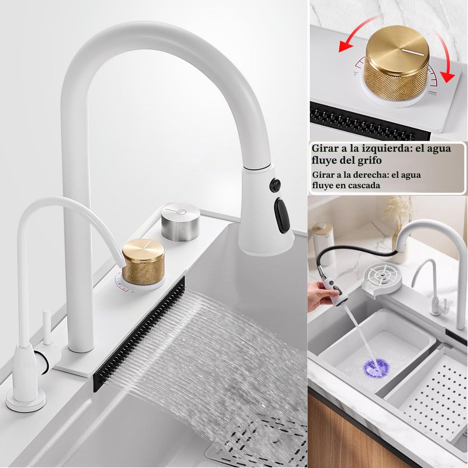 Fregadero de cocina blanco Fregadero de acero inoxidable Fregadero para el hogar Fregadero de cocina de una estación de trabajo con grifo extraíble y varios accesorios (Blanco,68 * 45 * 22CM)