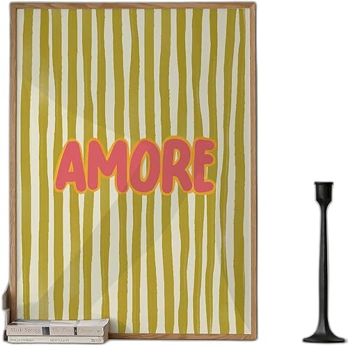 Amore Love Poster with retro 70s green striped design and bold pink Amore lettering, a vintage style wall art print for bedrooms and trendy dopamine