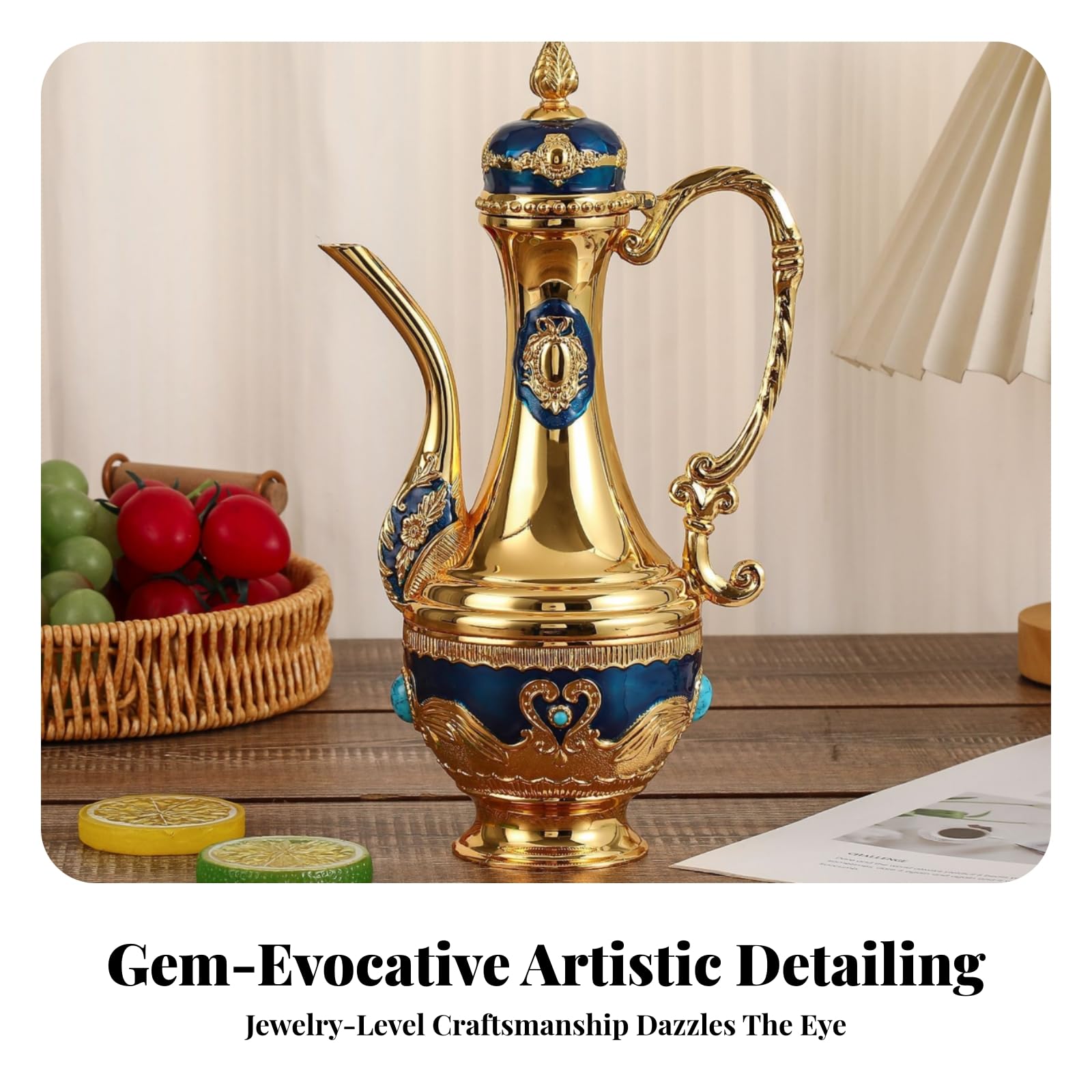 Jarra Tapada Centro Espejado Set Ornamental Estilo Tradicional Bandeja Redonda para Servir Bebidas, Dorado Y Azul