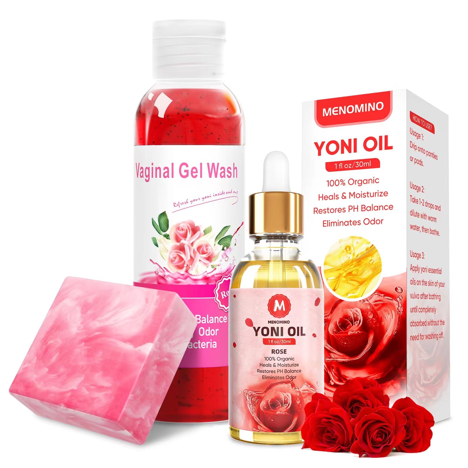 Feminine Wash & Yoni Soap Bar & Yoni Oil Feminine Oil for Women pH Balance, Yoni Wash for Vaginal Moisturizer Remove Odor, 3.53OZ Yoni Bar 5.07 Fl.Oz Vaginal Wash & 1 Fl.Oz Yoni Oil, Rose Scent