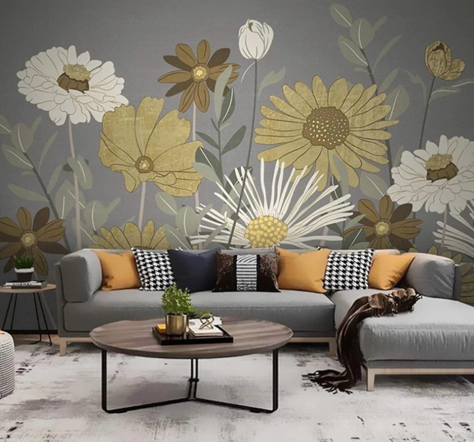 Wallpaper-3D-Xlm 350Cm×256Cm(B×H) Minimalist Plants Flowers Warm Grey Background 3D Wallpaper Easy Install Feature Office Living Room Sofa Bedroom Tv Background Wall Decoration-350Cm×256Cm