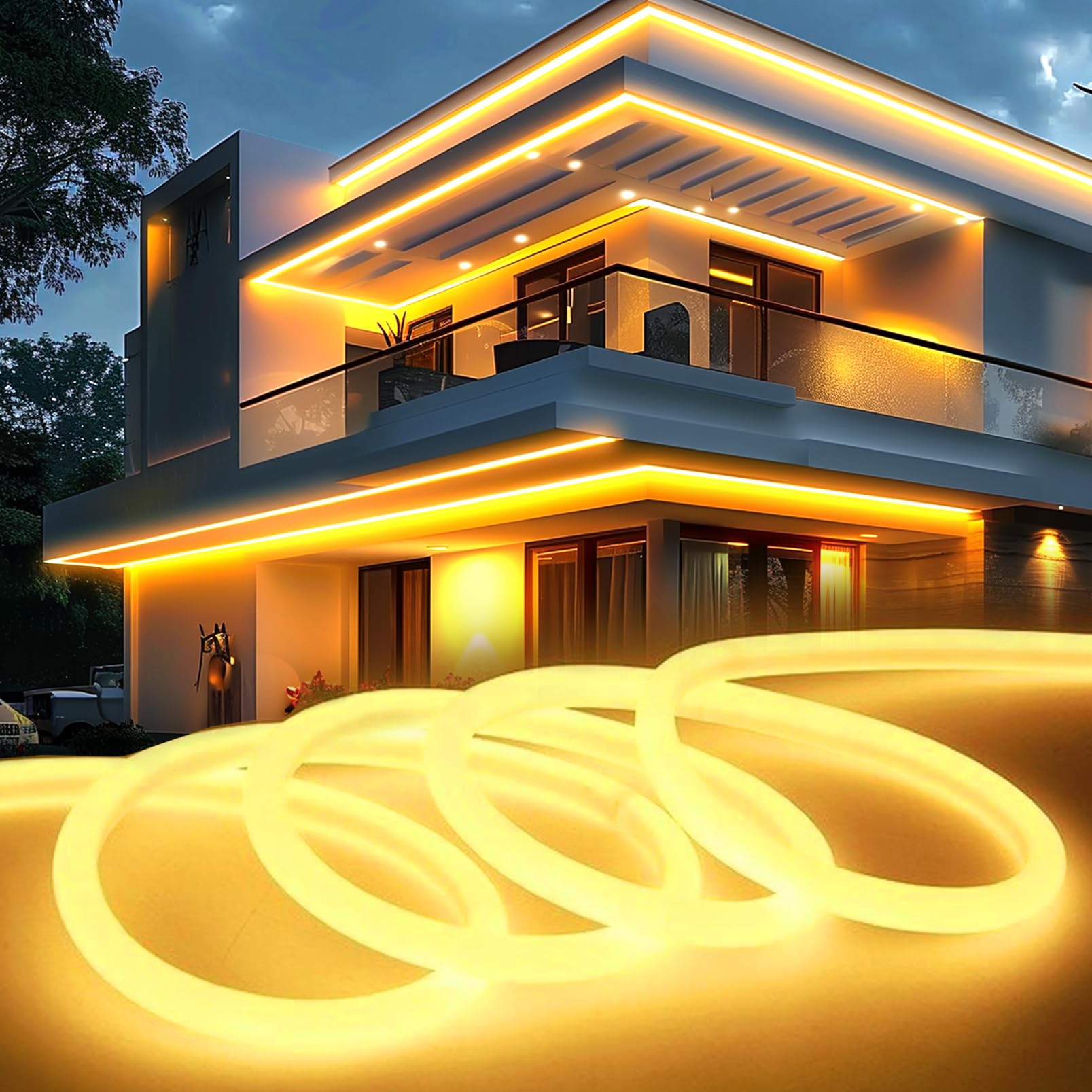 KSIBNW LED Strip Streifen Warmweiß 230V, 2M Neon LED Strip Innen IP65 Wasserdichte 320° Glühen LED Band Aussenbereich Mit Netzteil Lichterkette Lichtband DIY Flexible für Zimmer Deko, Küche, Party