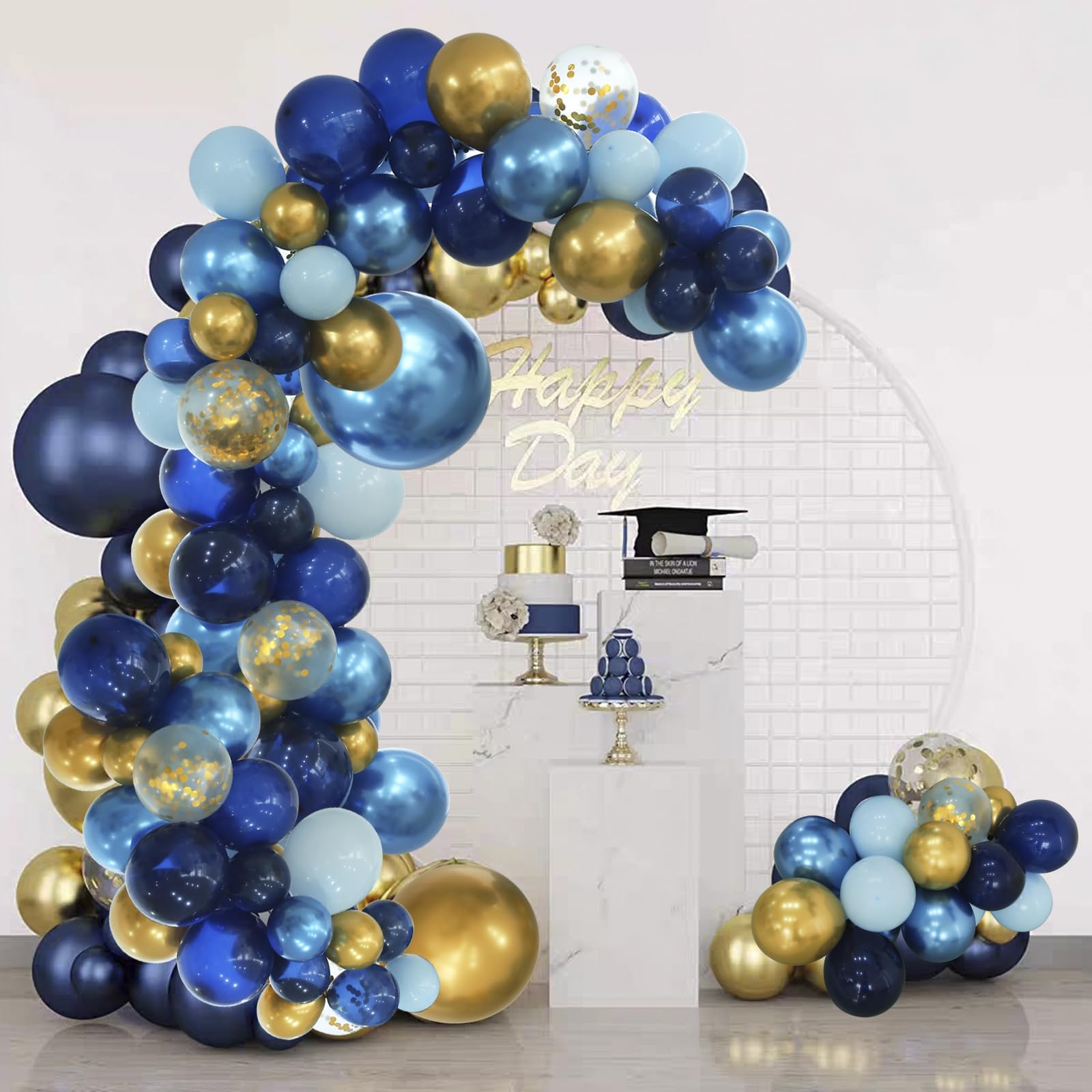 INFLORAL Birthday Party Blue Balloon Arch Kit Navy Metallic Pastel Blue and Gold Balloon Garland Kit for2025 Graduation Party Decorations Father's Day Baby Shower Wedding