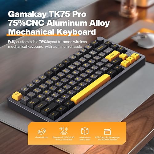 Miniatura 5 de GK GAMAKAY TK75PRO Aluminum Alloy Mechanical Keyboard Gasket Mounted, Hot Swappable KTT Hyacinth Switch 2.4GHz Wireless BT5.0 USB-C 75% Cherry 81