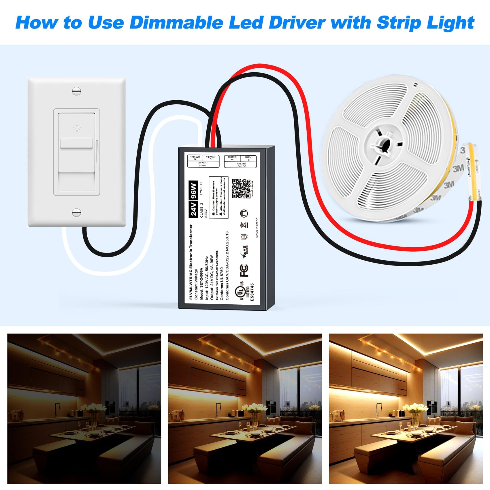 Triac ELV/MLV LED driver dimmerabile da 96 W, trasformatore LED Triac ELV/MLV compatibile con interruttori Lutron e Leviton, alimentatore LED dimmerabile per luci LED interne/esterne, certificato UL e