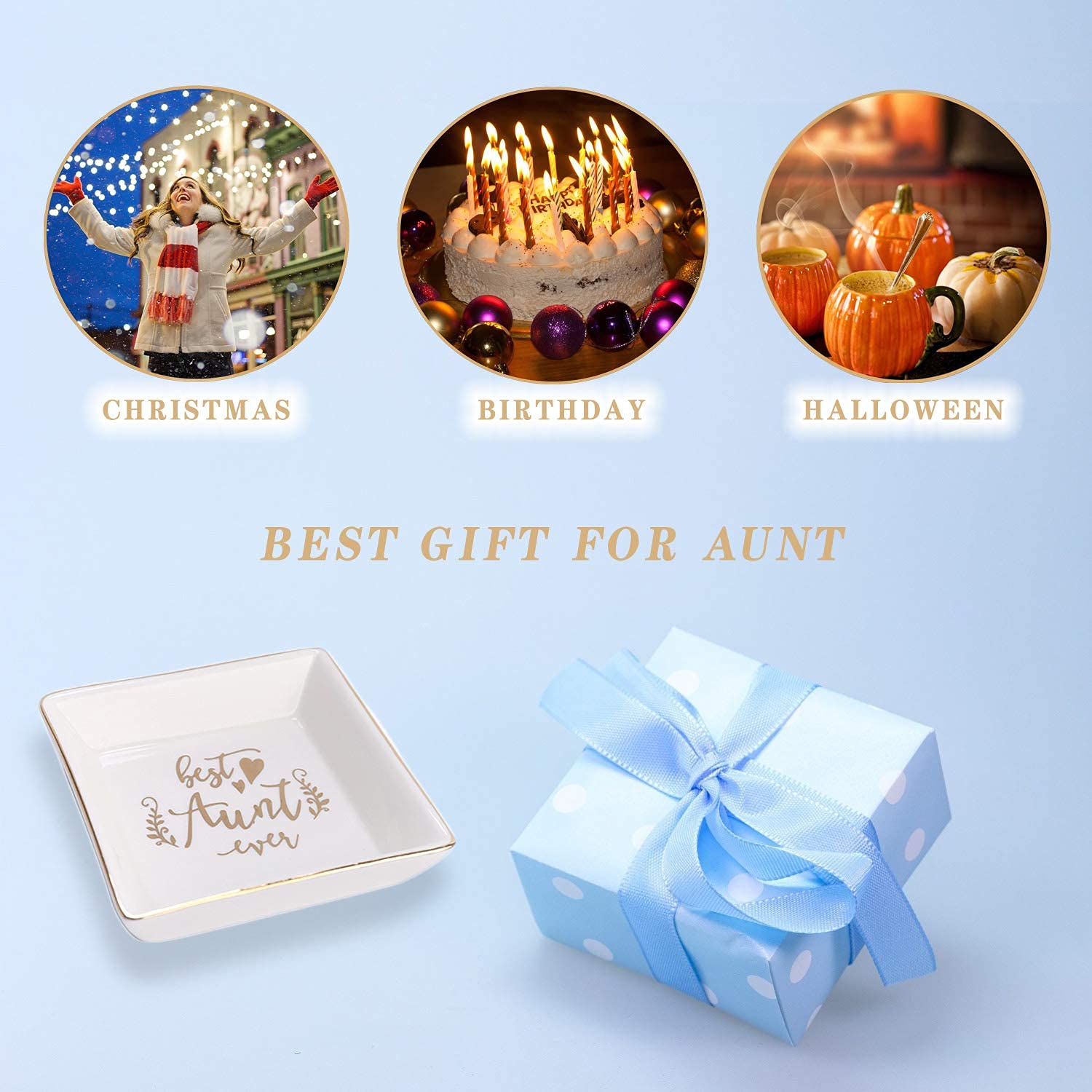 COZITED Ceramic Jewelry Dish Trinket Tray For Aunt - 4x4 Inches With Gold Trim, Birthday/Christmas/Mother's Day Gift From Niece Or Nephew - View #3