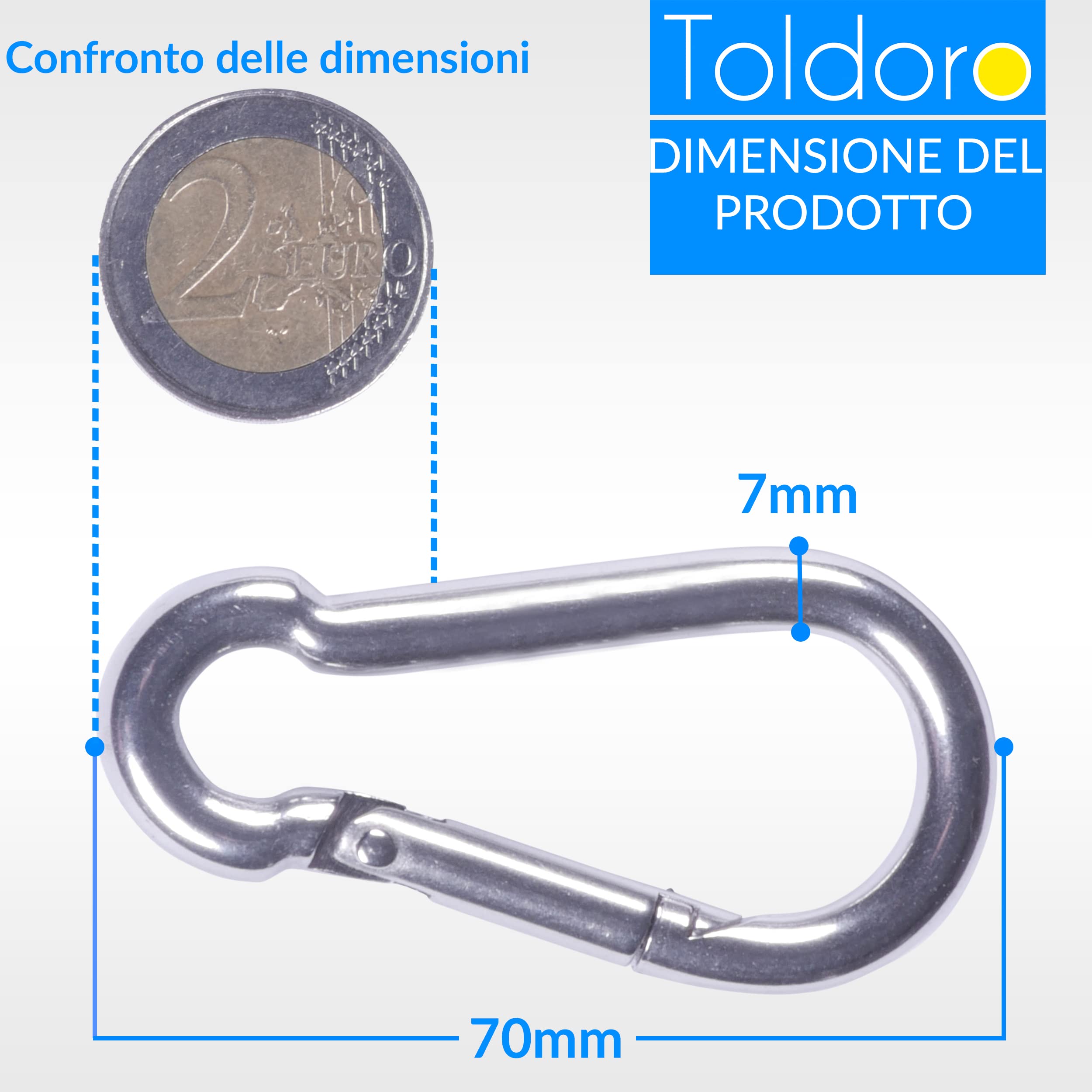 Toldoro® 10x Moschettone acciaio inox 7x70mm / Moschettone multifunzione per altalena, campeggio o slackline/Carabiner/Set di moschettoni piccolo