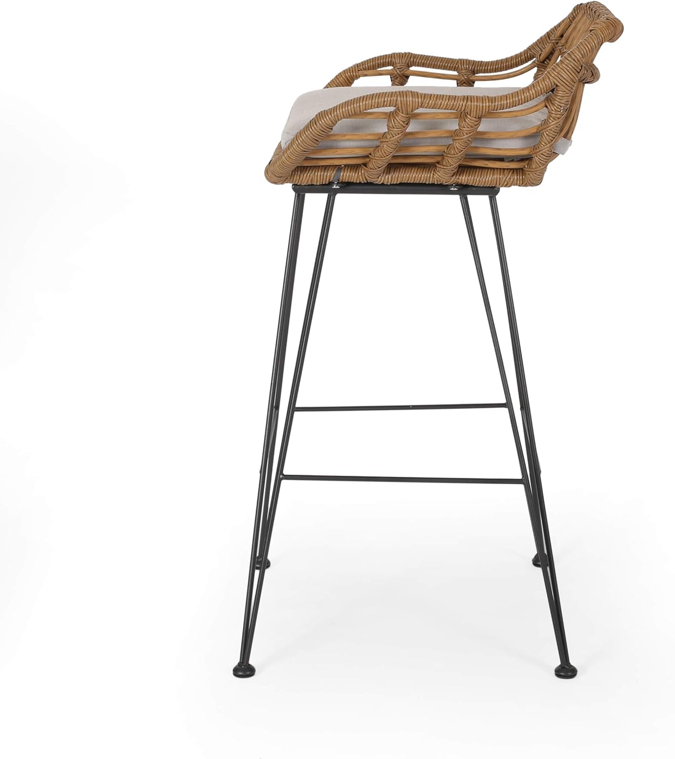 GDFStudio Outdoor Wicker Barstools with Cushions (Set of 4), Light Brown and Beige