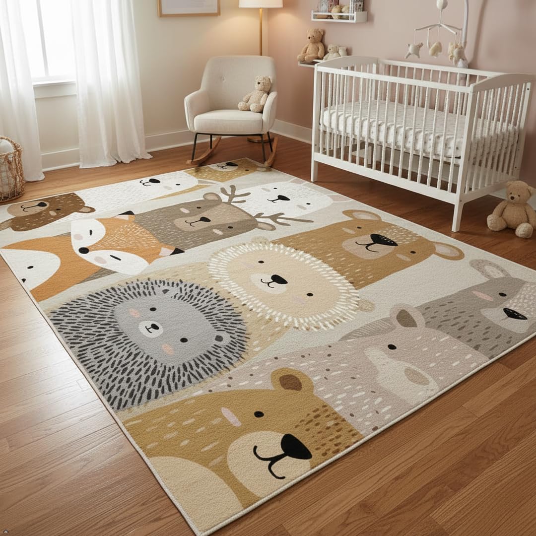 Cute Woodland Animal Rug for Kids Room - 5x8 ft Cartoon Bear Fox Lion Hedgehog Print Area Rug, Soft Non-Slip Floor Mat for Living Room, Nursery,
