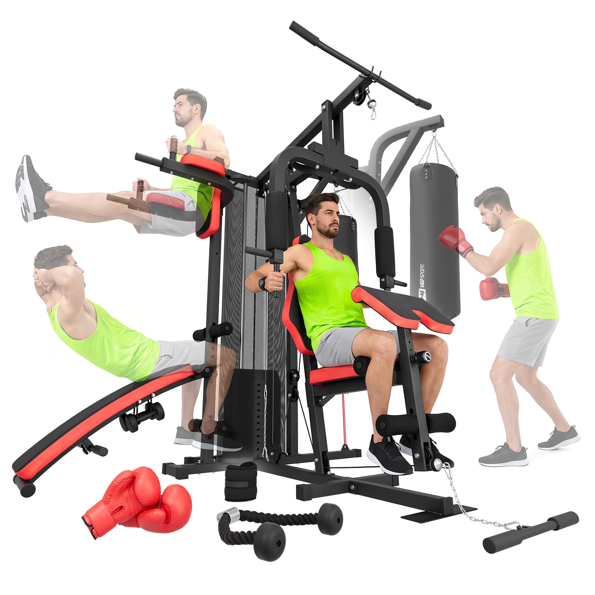 HOP-Sport® Station de Musculation Multifonction HS-1054K, Appareil avec 3 Positions 72kg, Banc d'entraînement, Sac et Gants de Boxe, Module Papillon, Barre de Traction, Poulie Haute, Haltères 2x1,5kg