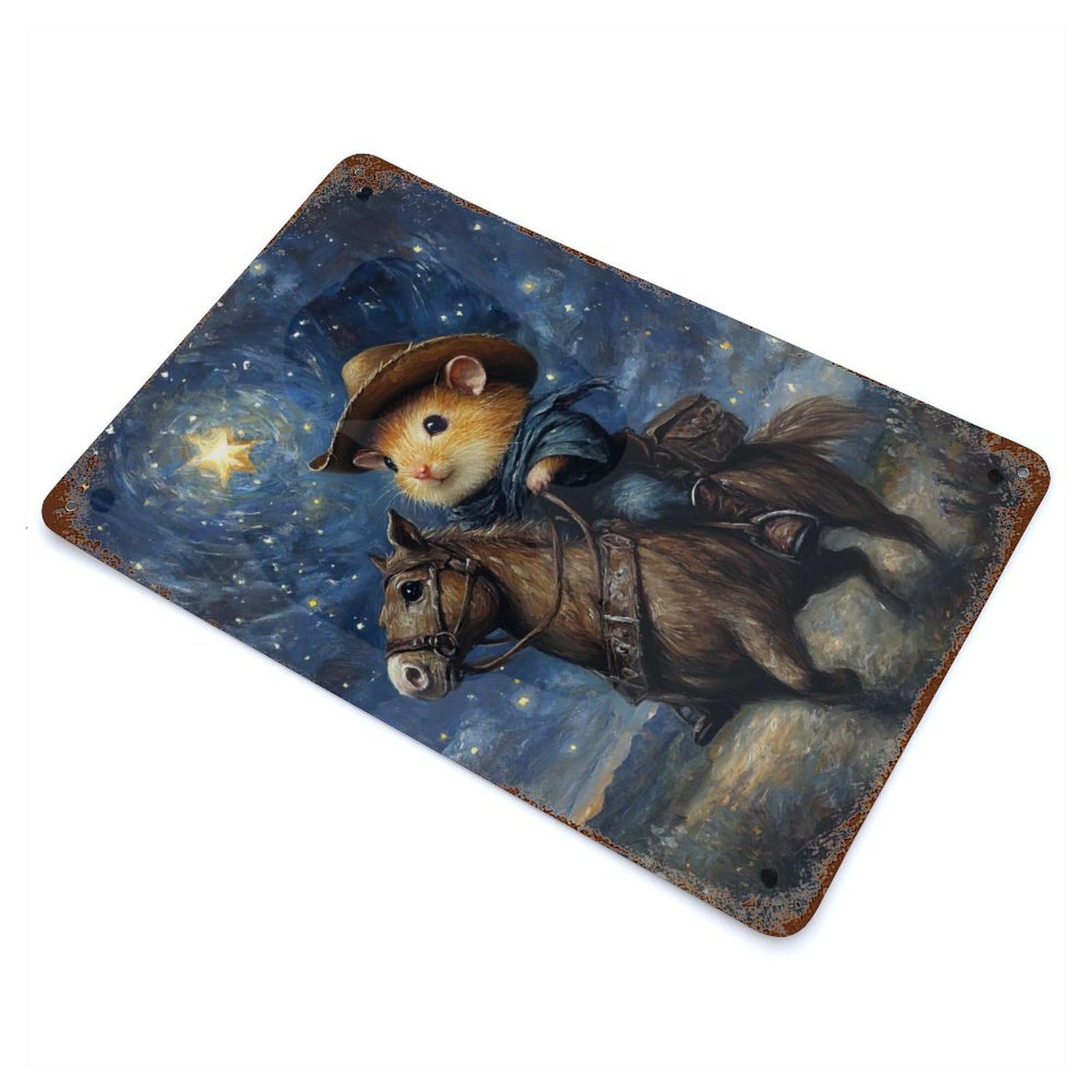 Hamster Cowboy Under Stars 11.8"x7.9" Vintage Metal Tin Sign, Novelty Wall Decor for Basement, Hobby Room And Garage Decor