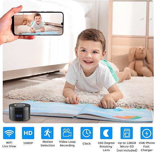 Miniatura 2 de Cámara interior con reloj y carga inalámbrica, cámaras WiFi 1080P para el hogar, cámara de seguridad con detección de movimiento, visión nocturna,