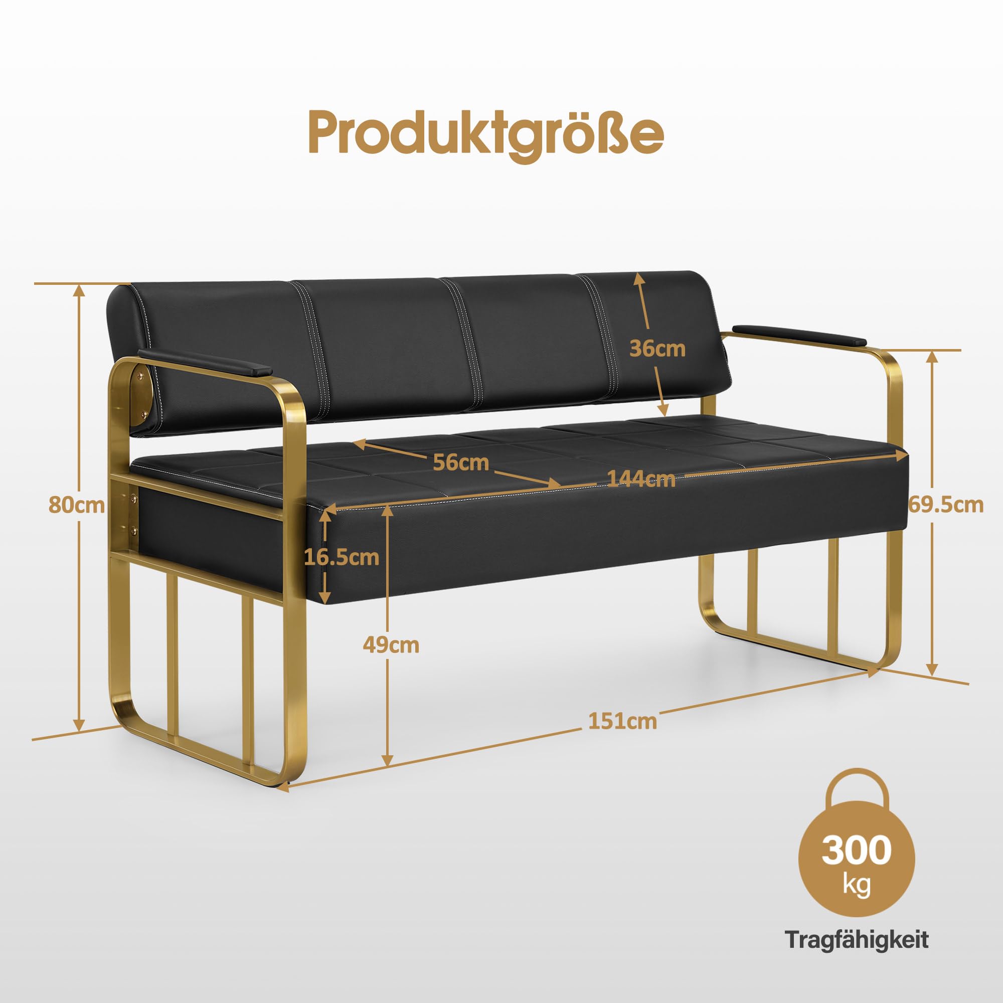 Barberpub 3-Sitzer Sitzbank mit Goldenen Armlehnen, Polsterbank mit Rückenlehne, Sitzbreite 144cm, Wartebank Friseur, Wohnzimmerbank, Friseureinrichtung W528 (Schwarz-Gold/Kunstleder)