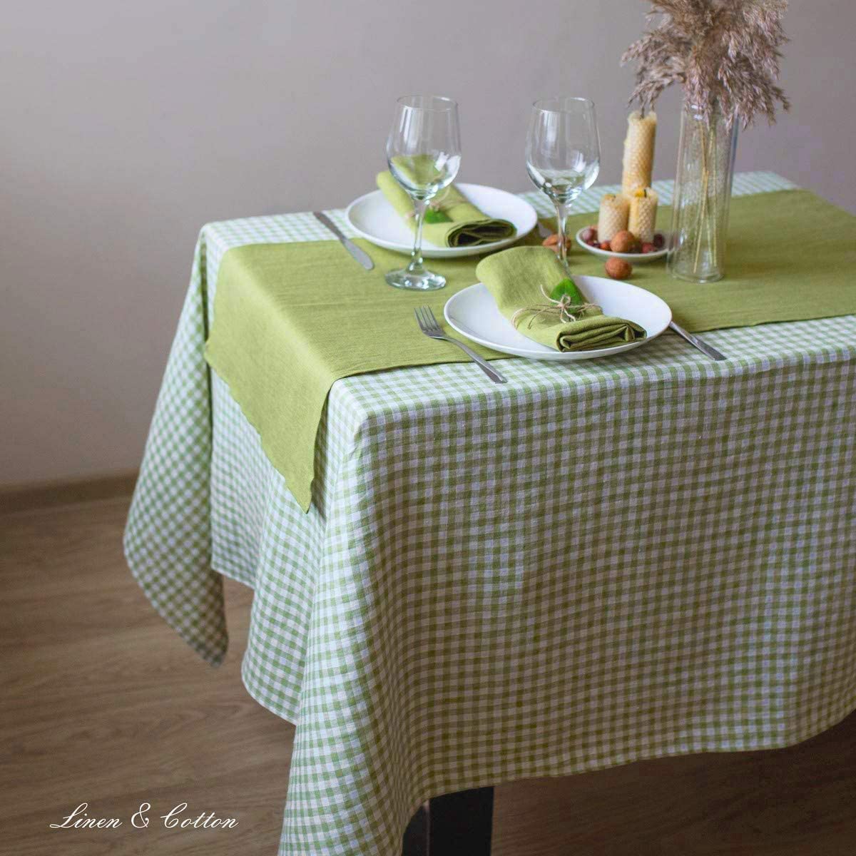 Linen & Cotton Tischdecke Estella - 100% Leinen, Weiß Grün 140 x 200