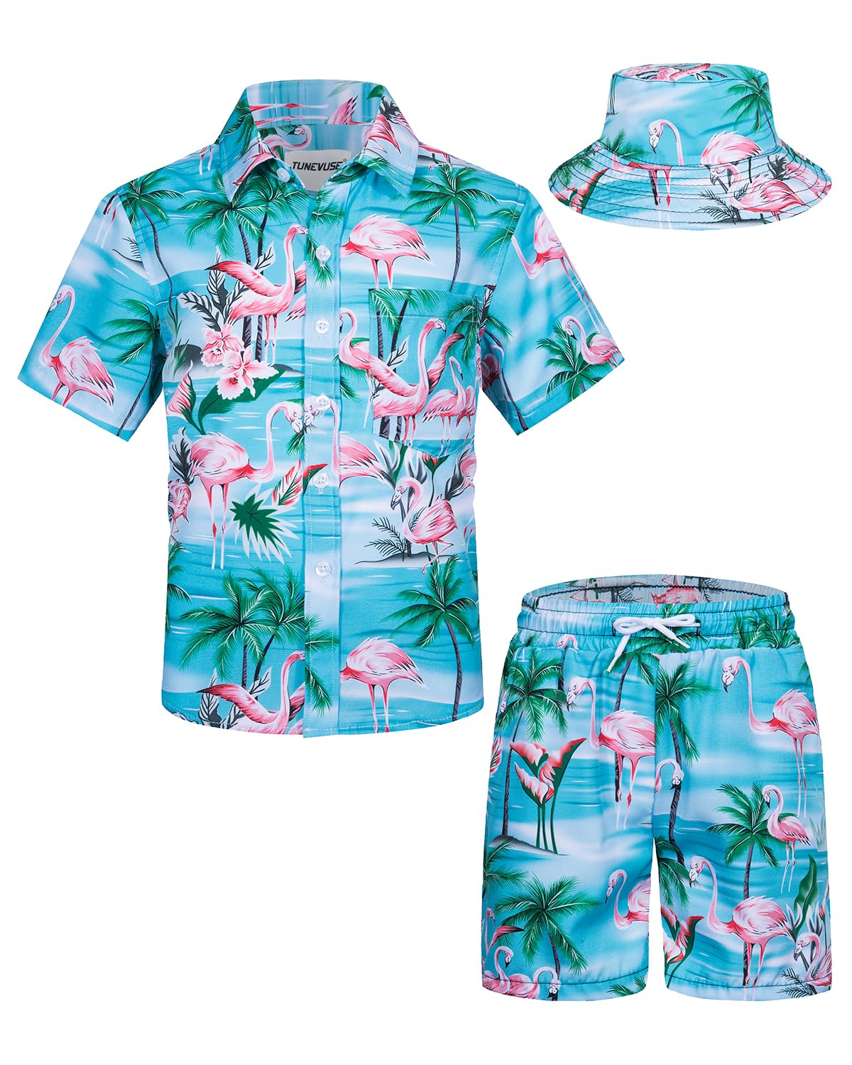 TUNEVUSELittle & Big Boys Hawaiian Button Down Shirts and Short Sets with Bucket Hat Summer Outfits Printed Kids Cabana Set