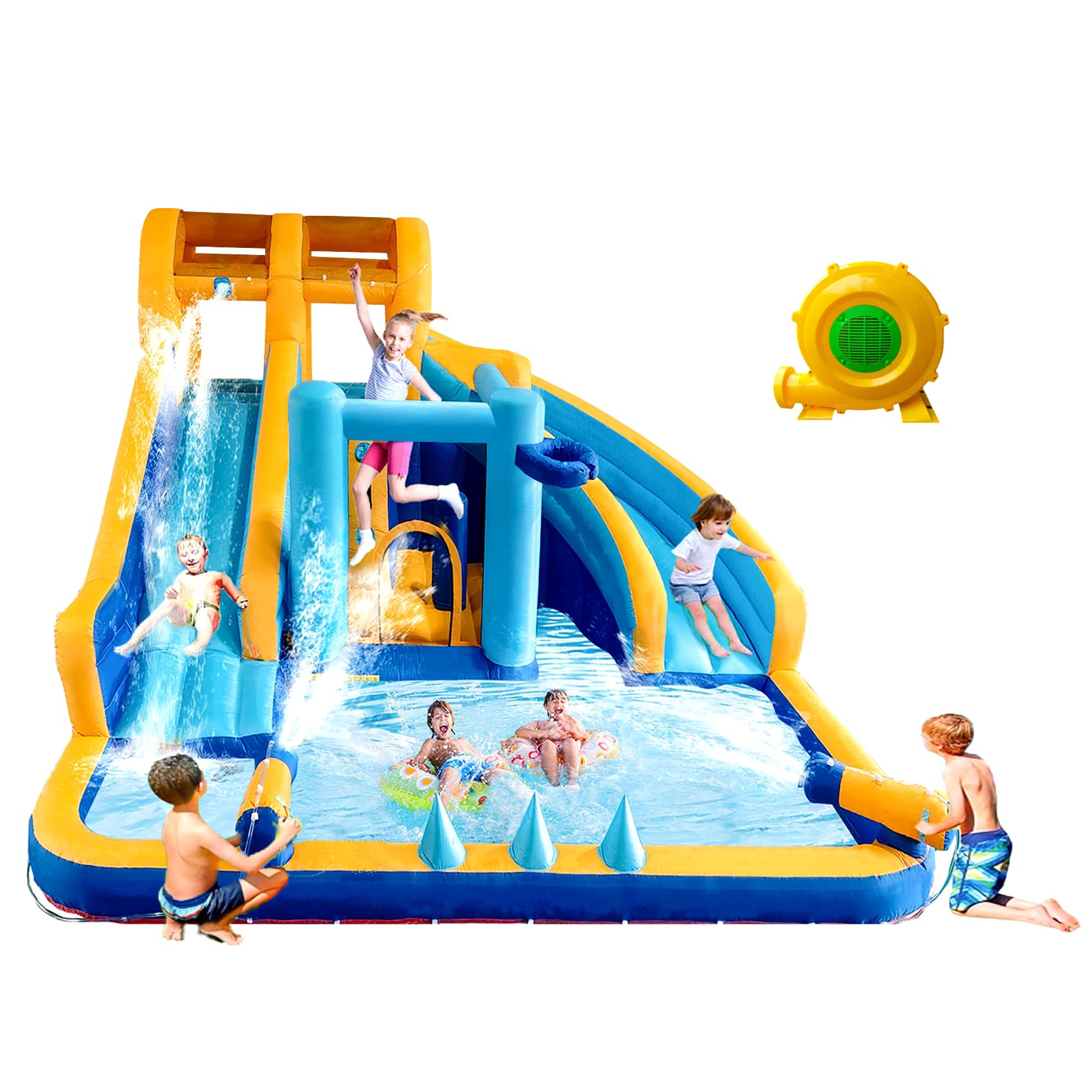Photo 1 of QDCYP Inflatable Water Slide, Bounce House with Slide for Kids 3-8, 13.1x13.1x7.6 FT Bounce House Water Park with Long Dual Slides, Large Splash Pool, Climbing Wall, Jumping House, Boxing Game