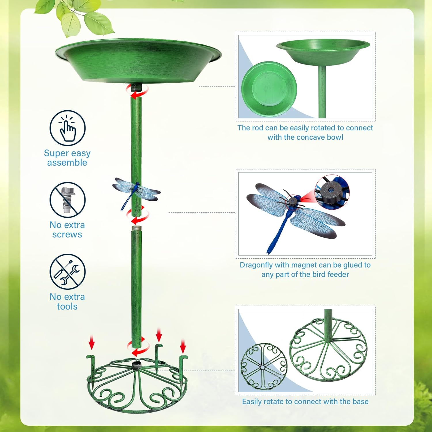 WANGIRO Stand Bird Baths for Outdoors 12 Inch Outdoor Garden Bird Feeder Metal Birdbath with Magnetic Dragonfly for Backyard Birding Freestanding for Garden Yard and Lawn Decoration-Green