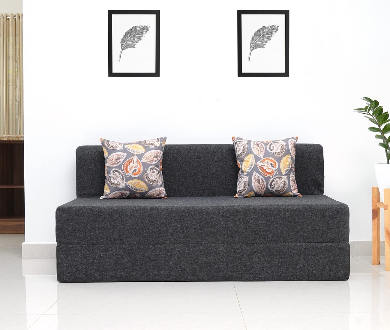 uberlyfe 3 Seater Sofa Cum Bed | Jute Fabric Washable Cover | 2 Cushions Fall Leaves Pattern | Dark Grey | 5′ X 6′ Feet