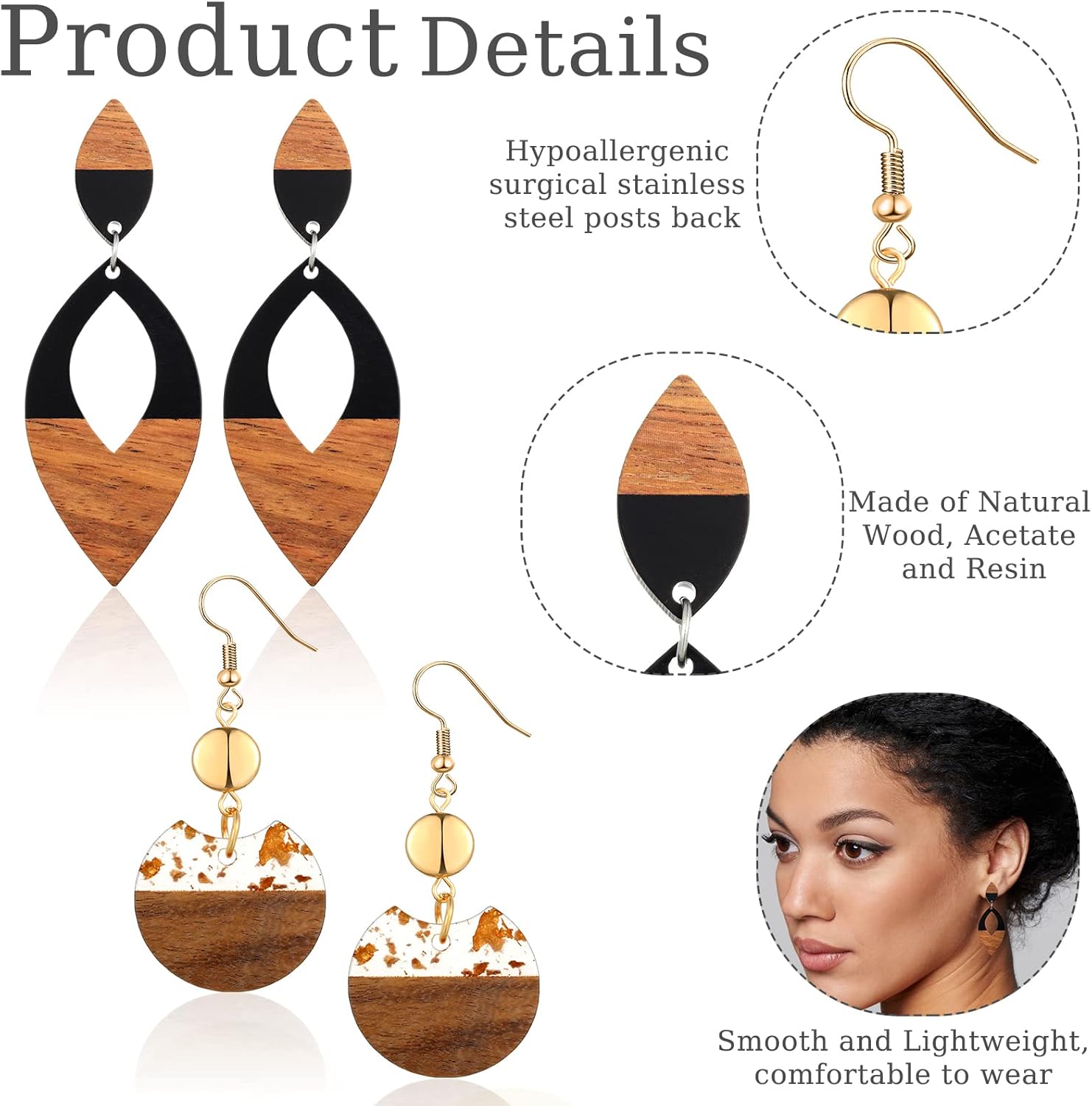 Henoyso 12 Pairs Wooden Earrings for Women Boho Dangle Geometric Lightweight Studs Resin Statement Earring - Image 3