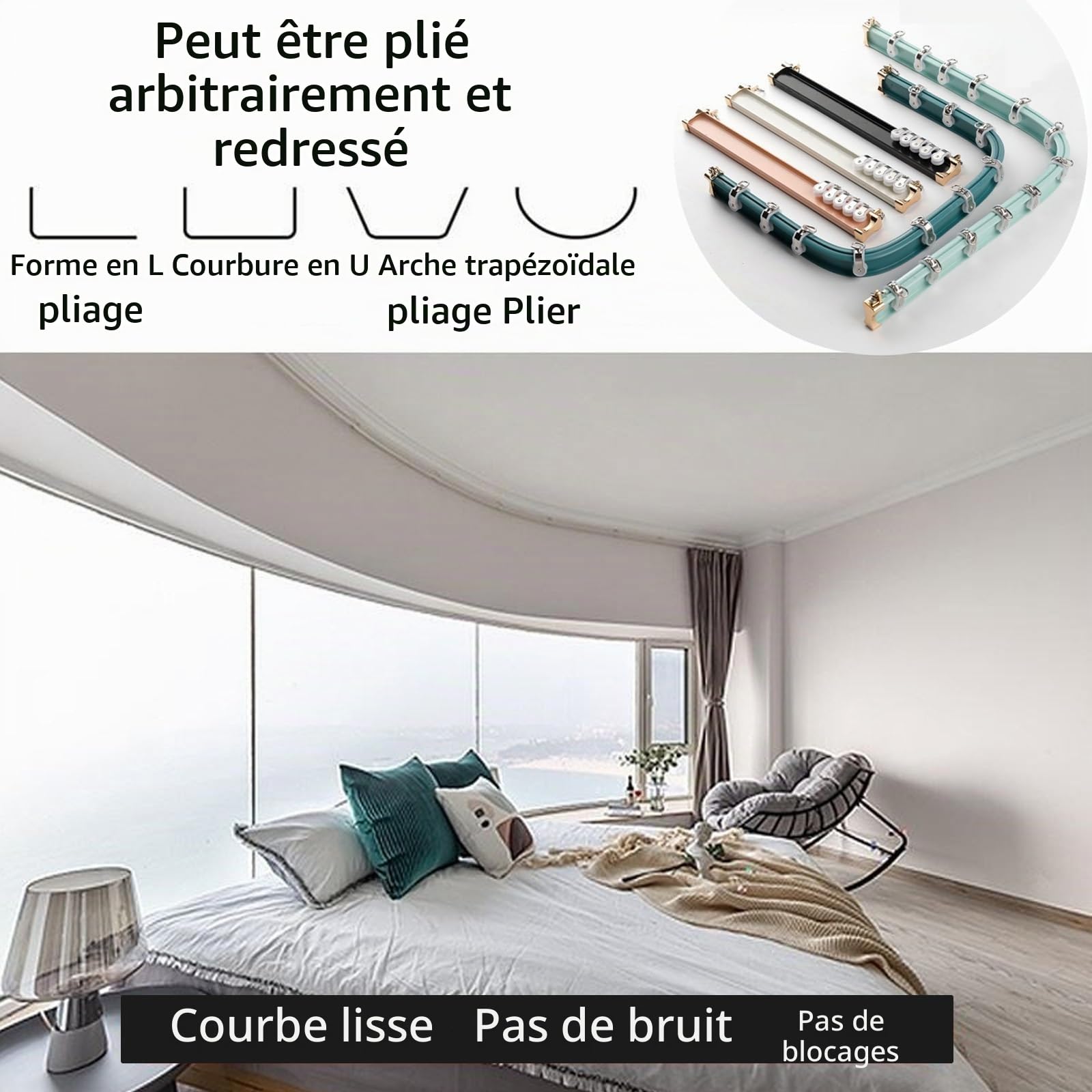 Rail pour Rideaux Pliable Tringle Rideau Plafond Noir/Blanc/Vert/Bleu/Rose Tringle Rideau Flexible Facile À Installer Rail De Rideau Courbe Montage Au Mur Rail De Rideau en Aluminium