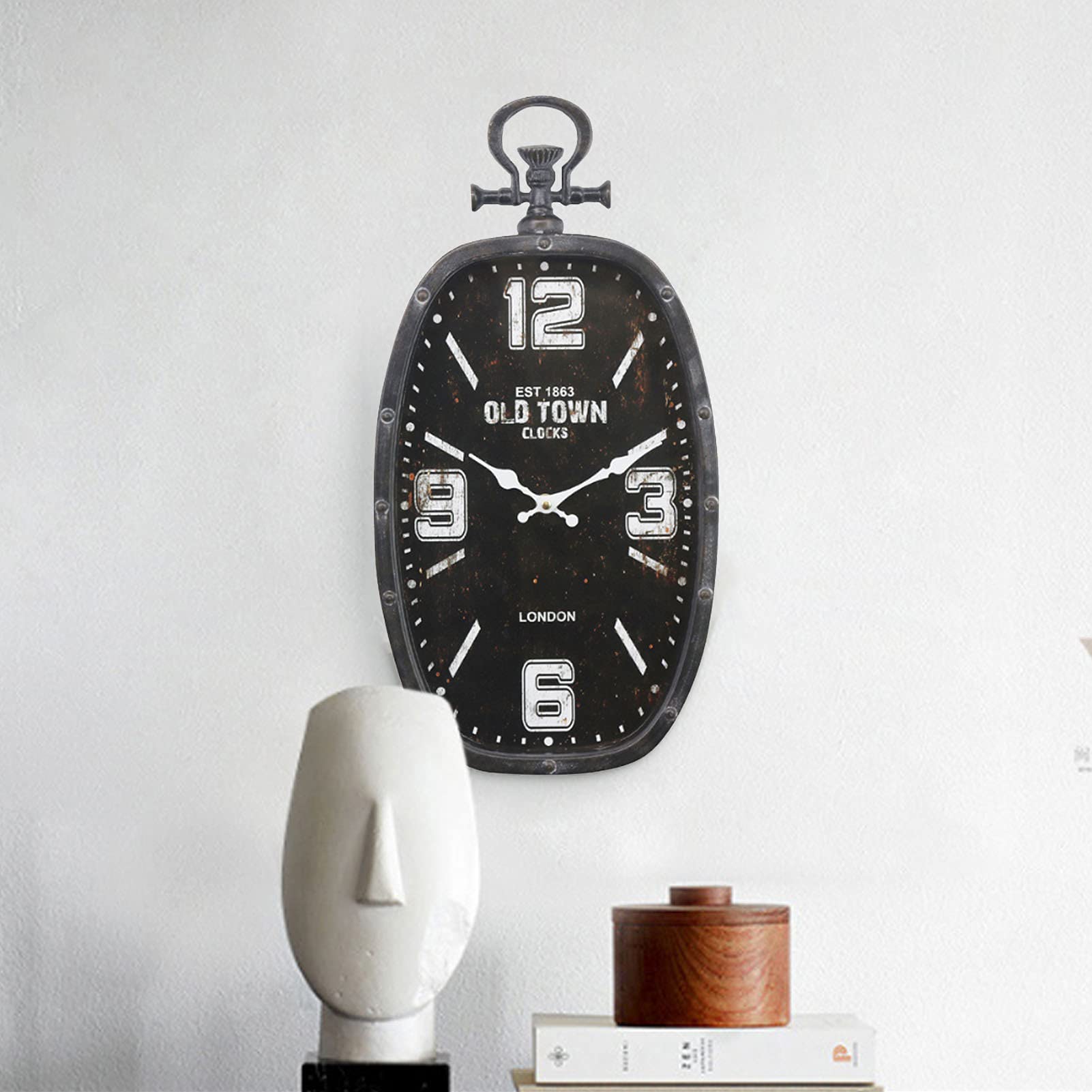 Reloj de Pared al Aire Libre, Arte de Hierro Oval Creativo, decoración de Estilo Industrial Retro, Tranquilo y sin Ruido, Reloj de Pared de Reloj de Bolsillo Europeo
