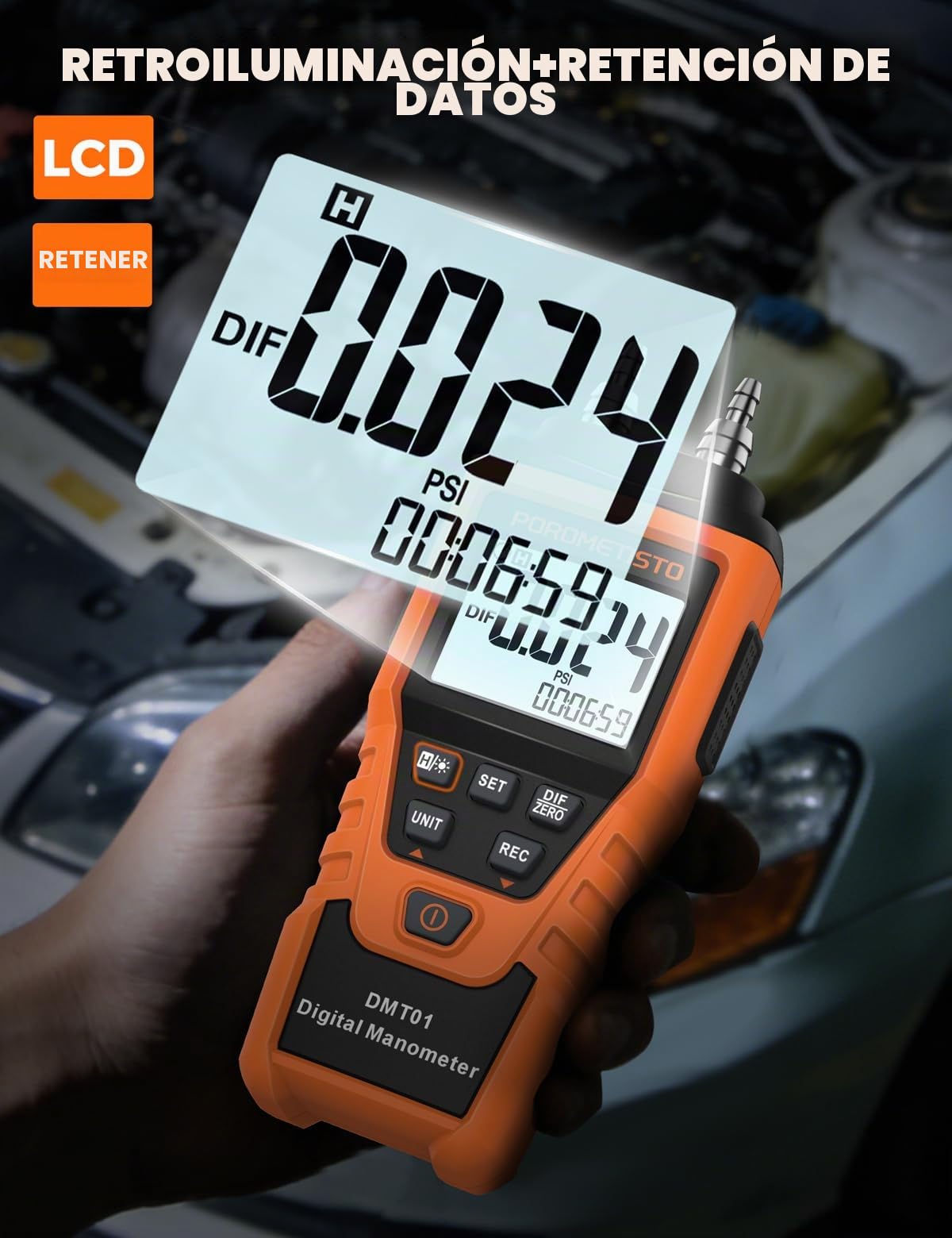 DMT01 Manómetro Digital Precisión, ±5 PSI / ±34.47 kPa, 12 Unidades, HVAC Diferencial, ±0.3% FS, Doble Puerto Gas, Retroiluminación, Retención de Datos, Ajuste Manual Cero