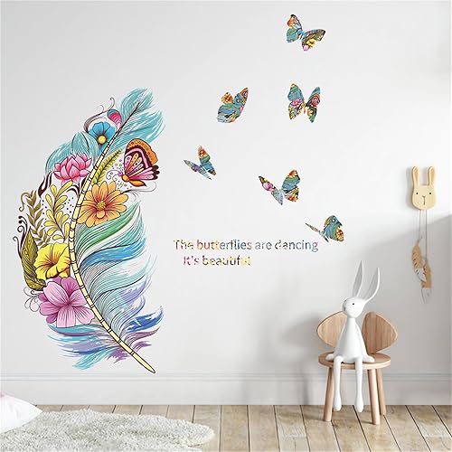 Hermosas calcomanías de pared coloridas de plumas y flores de mariposa, arte floral de sacinora DIY calcomanías de pared de vinilo extraíble para