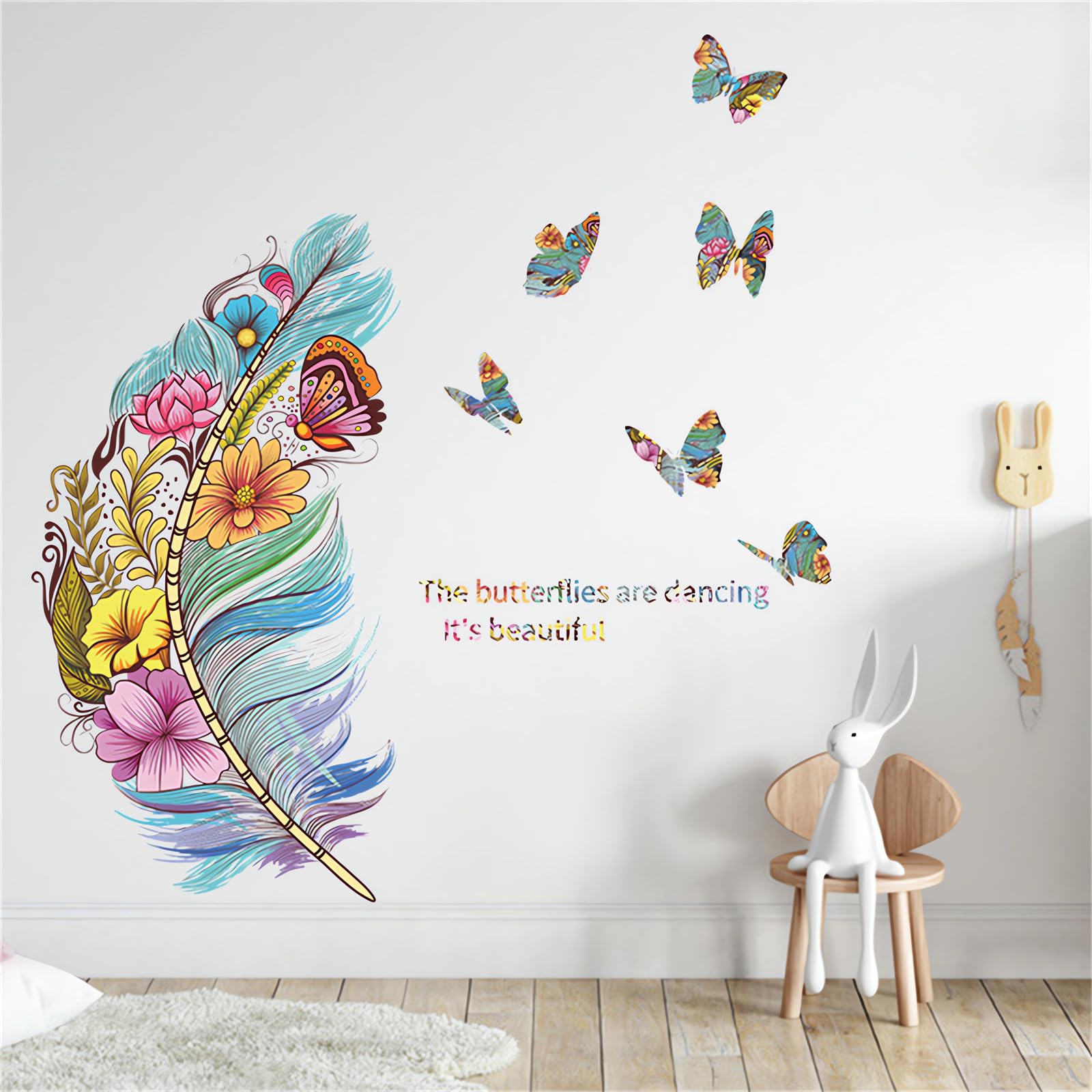 Gorgeous Colorful Feather and Butterfly Flower Wall Stickers,sacinora Floral Art DIY Wall Decals Removable Vinyl Peel and Stick for Living Room