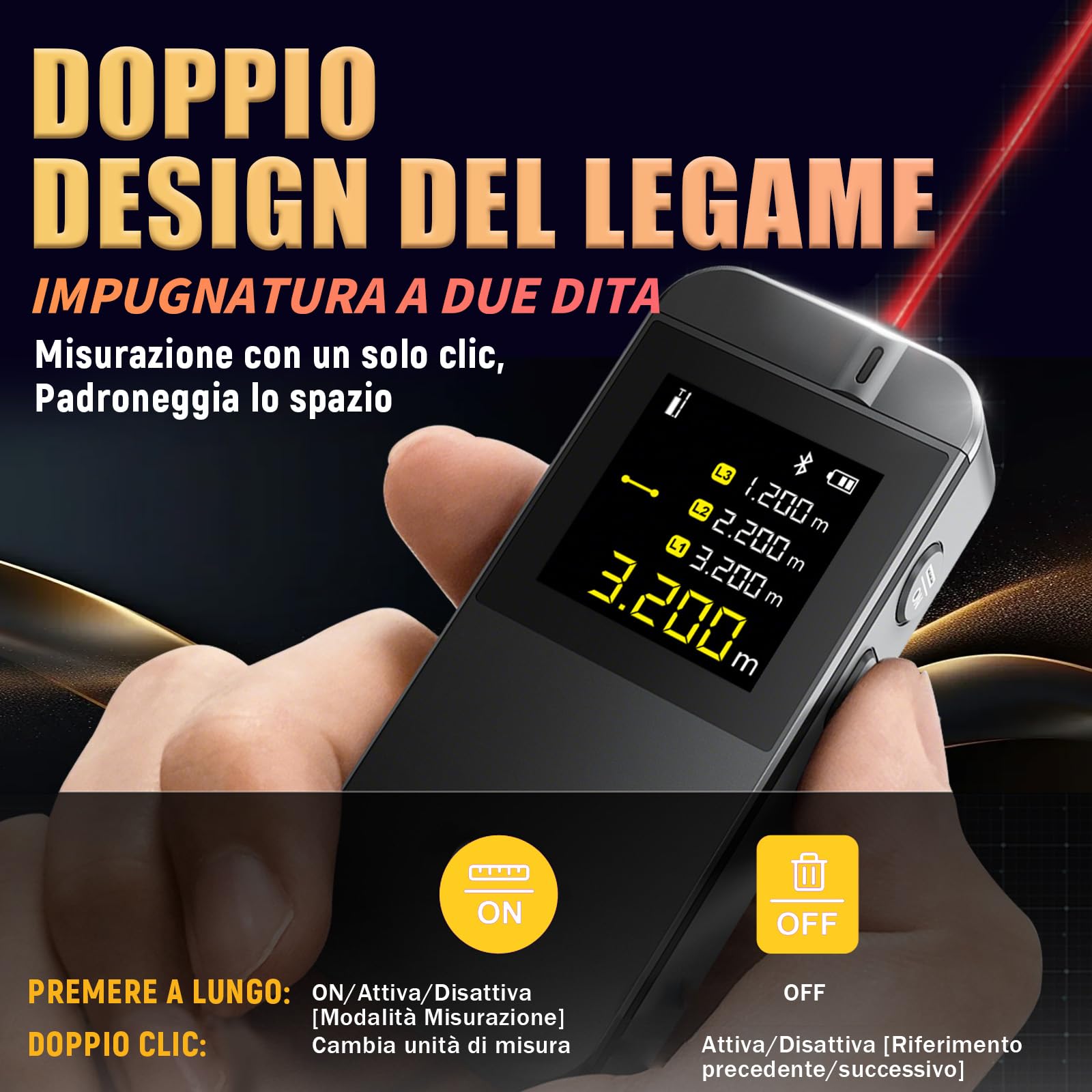 Metro Laser IR40 40m, Precisione ±2mm, Misuratore Laser Distanza con Bluetooth, Display Auto-Rotante, 8 Modalità, Batteria Ricaricabile, per fai-da-te, Misura Distanza, Superficie, Volume e Altezza