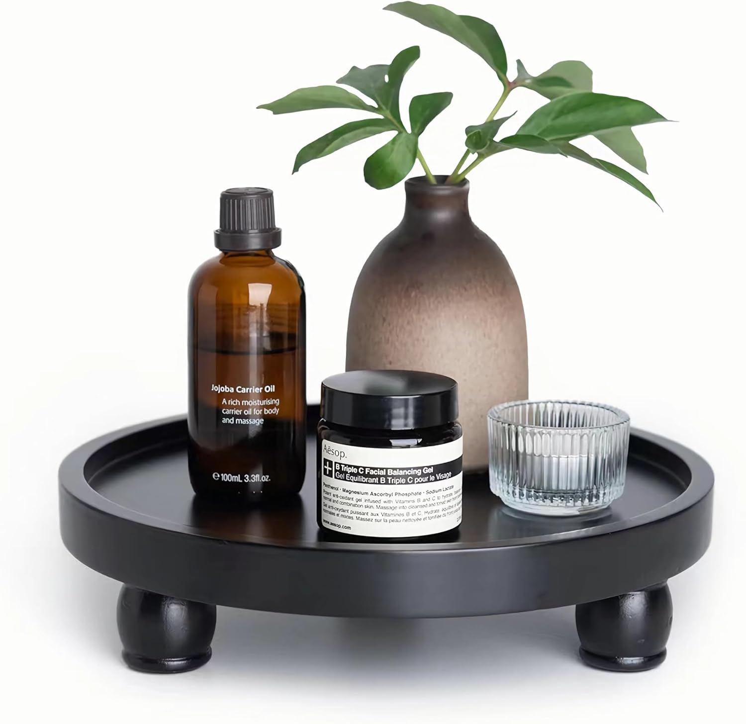 ROSE BLOOM 10 Inch Modern Wood Riser for Display, Farmhouse Pedestal Stand for Bathroom Counter, Kitchen Round Display Tray, Waterproof Organizer for Soap Home Decor (Black)