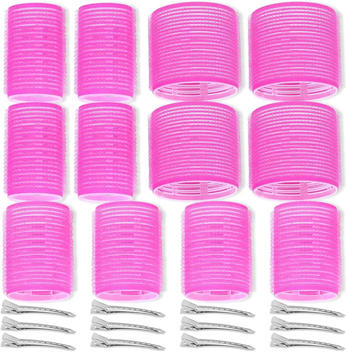Self Grip Hair Rollers Curlers Set - 24 Pieces with 3 Sizes (4 Jumbo, 4 Large, 4 Medium) and 12 Clips for Volume on Long, Short, Thick, or Fine Hair