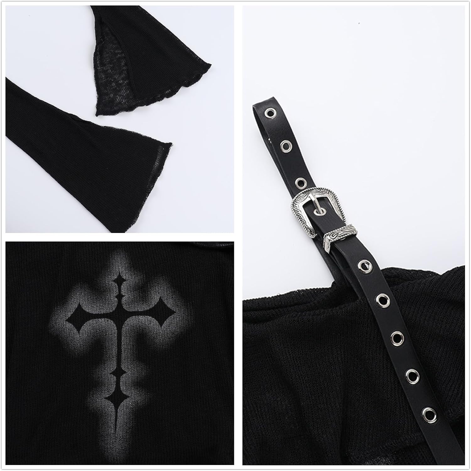 Goth Off Shoulder T Shirt for Women Y2k Ruffle Fairy Grunge Punk Cute Emo Split Bell Long Sleeve Tops Hippie - Image 5