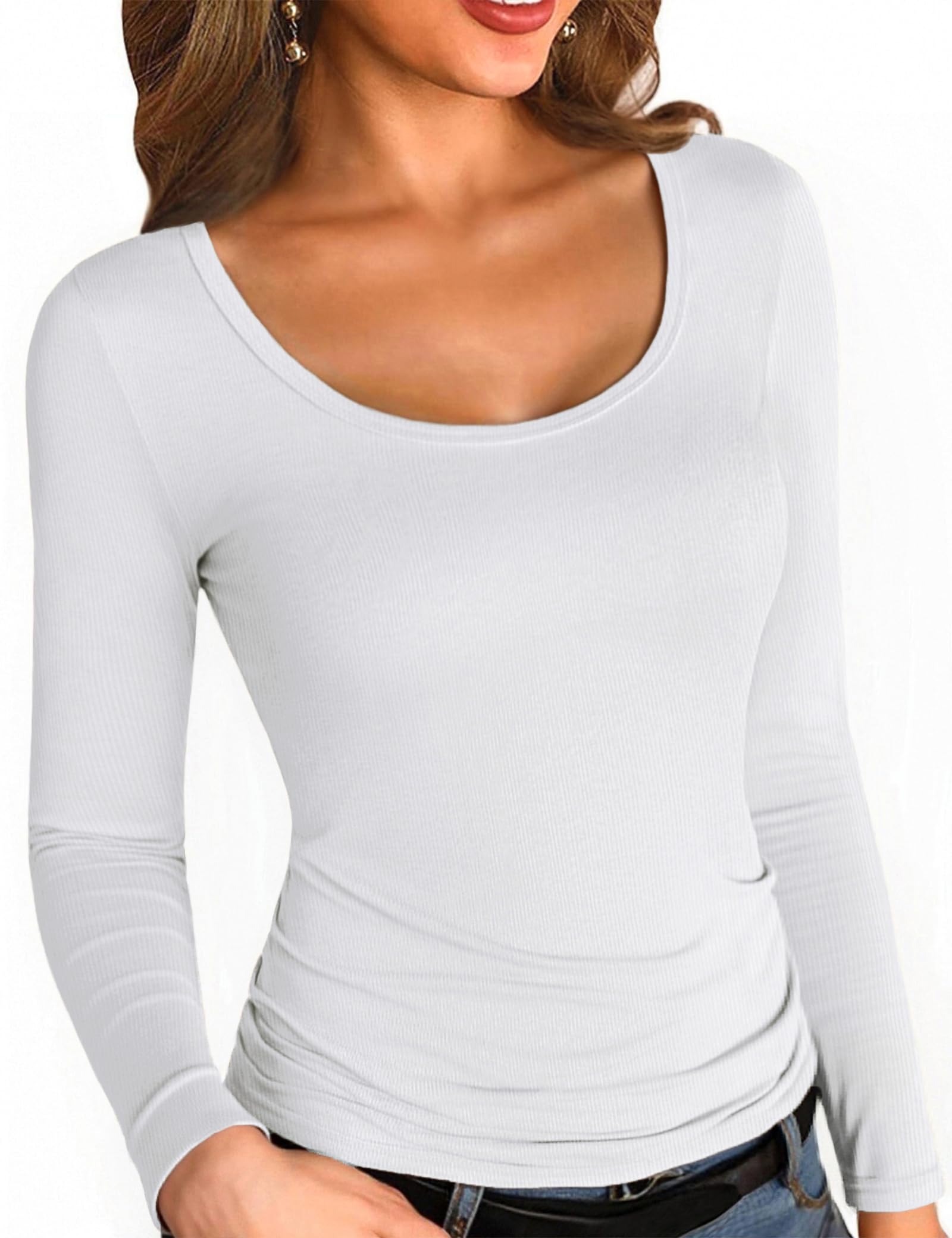 Aottori Maglia Donna Manica Lunga Maglietta Girocollo Elegante Basic Tops Costine Tinta Unita T-Shirt Slim Fit Sexy con vestibilità Classica