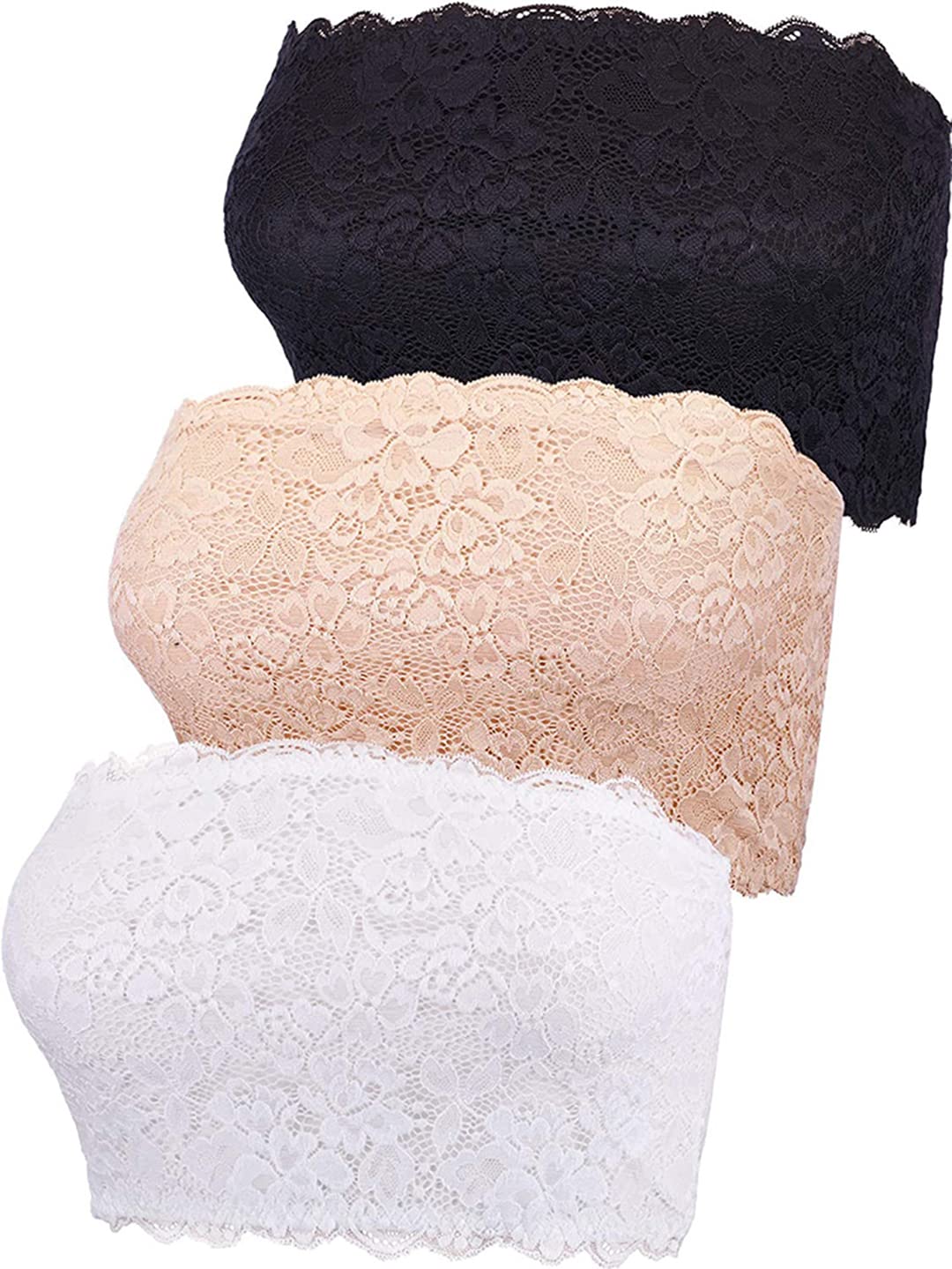 Boao 3 Pieces Women's Floral Lace Tube Top Bra Bandeau Strapless Bras Seamless Stretchy Chest Wrap (Color Set 1, M Size)