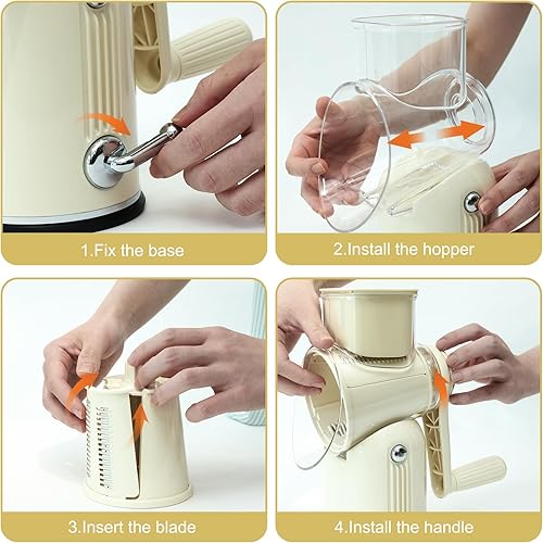 Miniatura 7 de Rallador de queso con manivela giratoria 5 en 1, cuchillas de acero inoxidable reemplazables, trituradora de verduras con mango y base de succión