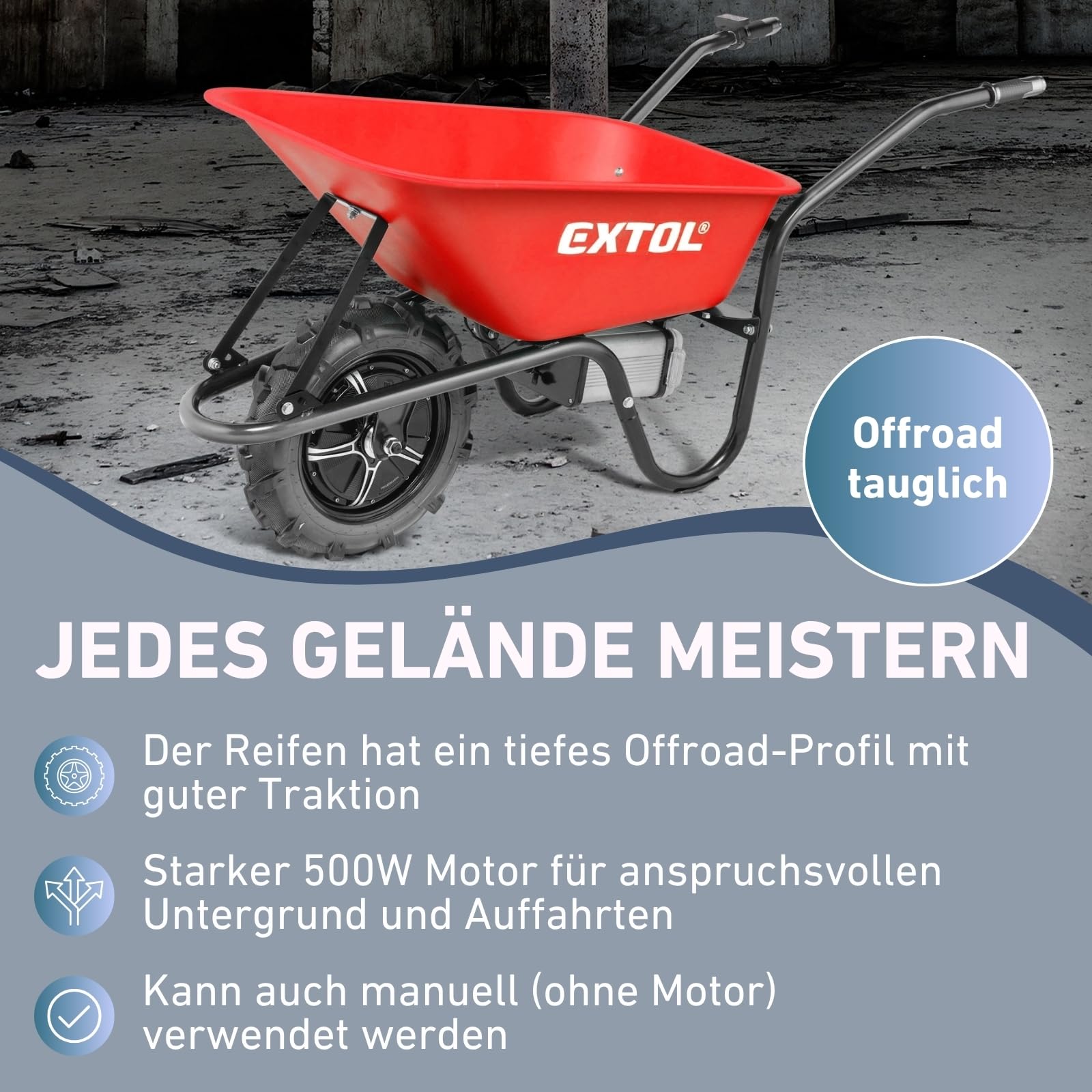 Elektrische Schubkarre mit Akku, 80L Mulde, 150kg Traglast, leistungsstarker 500W Motor durch 40V Li-ion Akku mit 6000mAh