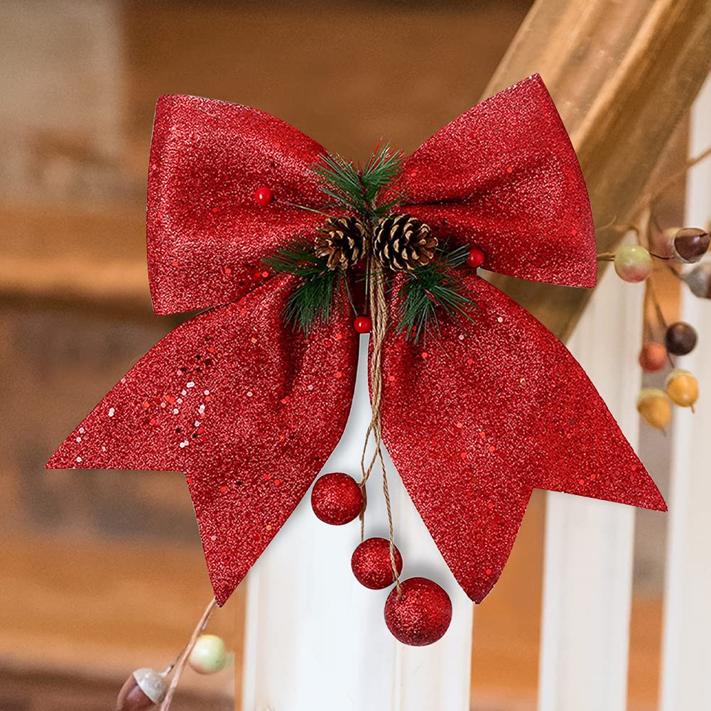 UMXOSM Christmas Wreath Bows, Large Glitter Christmas Tree Bows 10x12Inch Bowknot Garland Ties for Christmas Treetopper Xmas Decoration(Red)