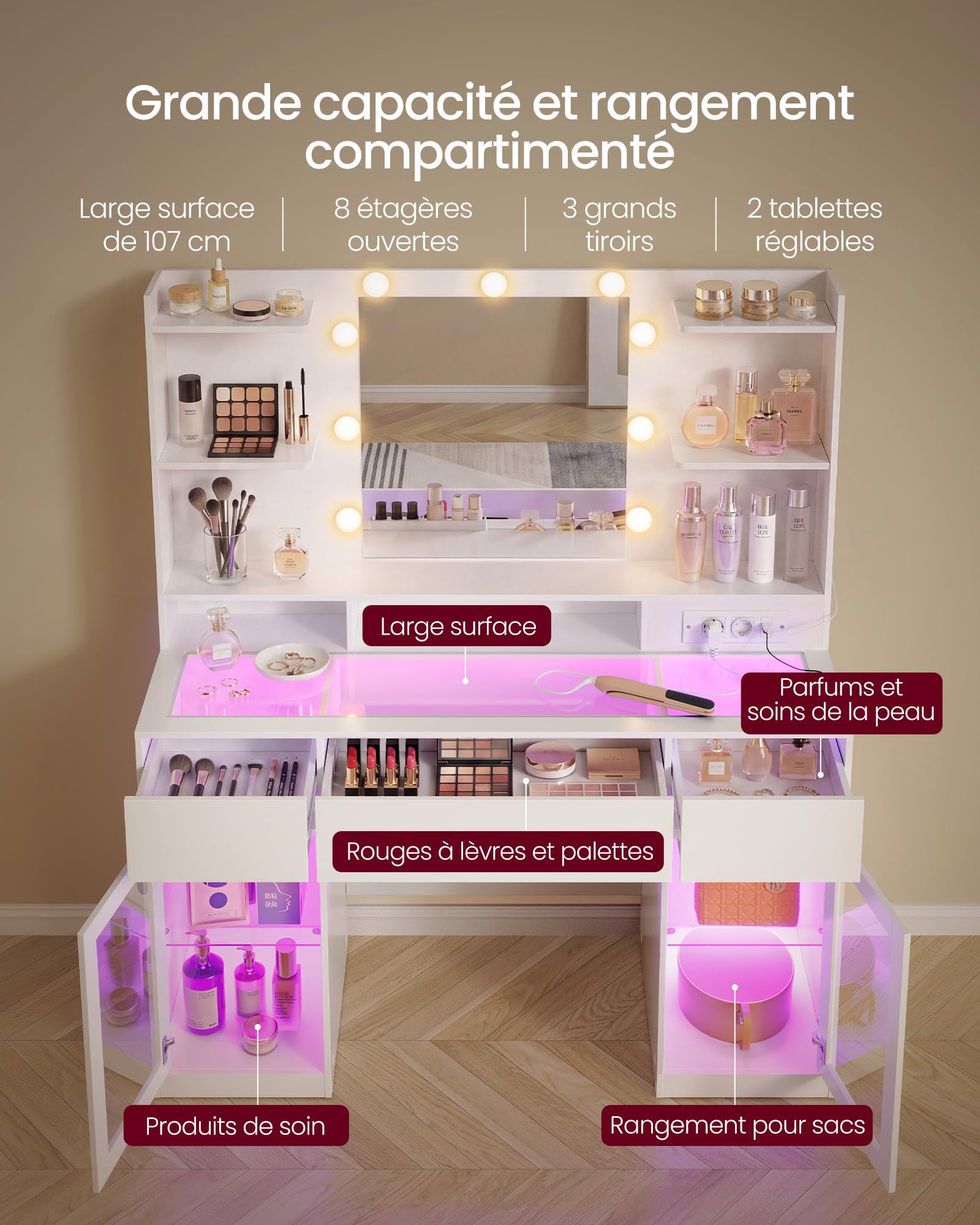VASAGLE Coiffeuse avec Miroir LED et Éclairage RGB, Prises, Table de Maquillage, Plateau en Verre, Armoires de Rangement, 107 x 40 x 144,5 cm, Blanc, Chambre, Collection Kailyn RDT145WB01